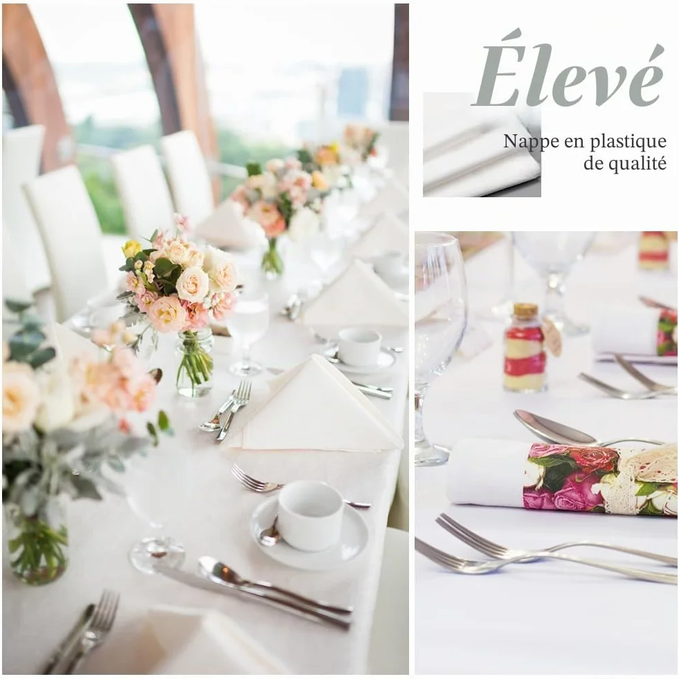 Nappes Jetables Blanche 150 x 280cm Imperméable en PEVE Rectangulaires pour Fête Pique-Nique Barbecue Mariages Banquet