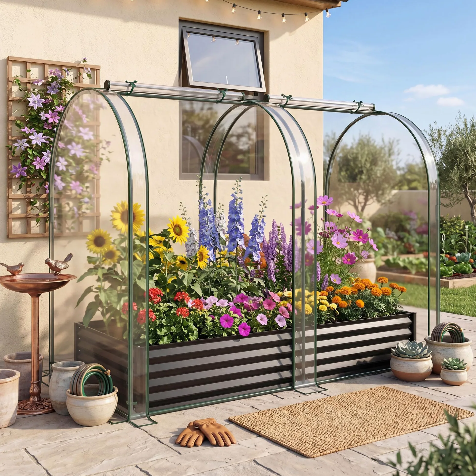 HOMASIS Serre 2 en 1 avec Plate-Bande Surélevée, Protection hivernale, Serre Froide en Métal et Film PVC avec 2 Fenêtres, pour Jardin et Balcon (198 x 100 x 145 CM,Argent)