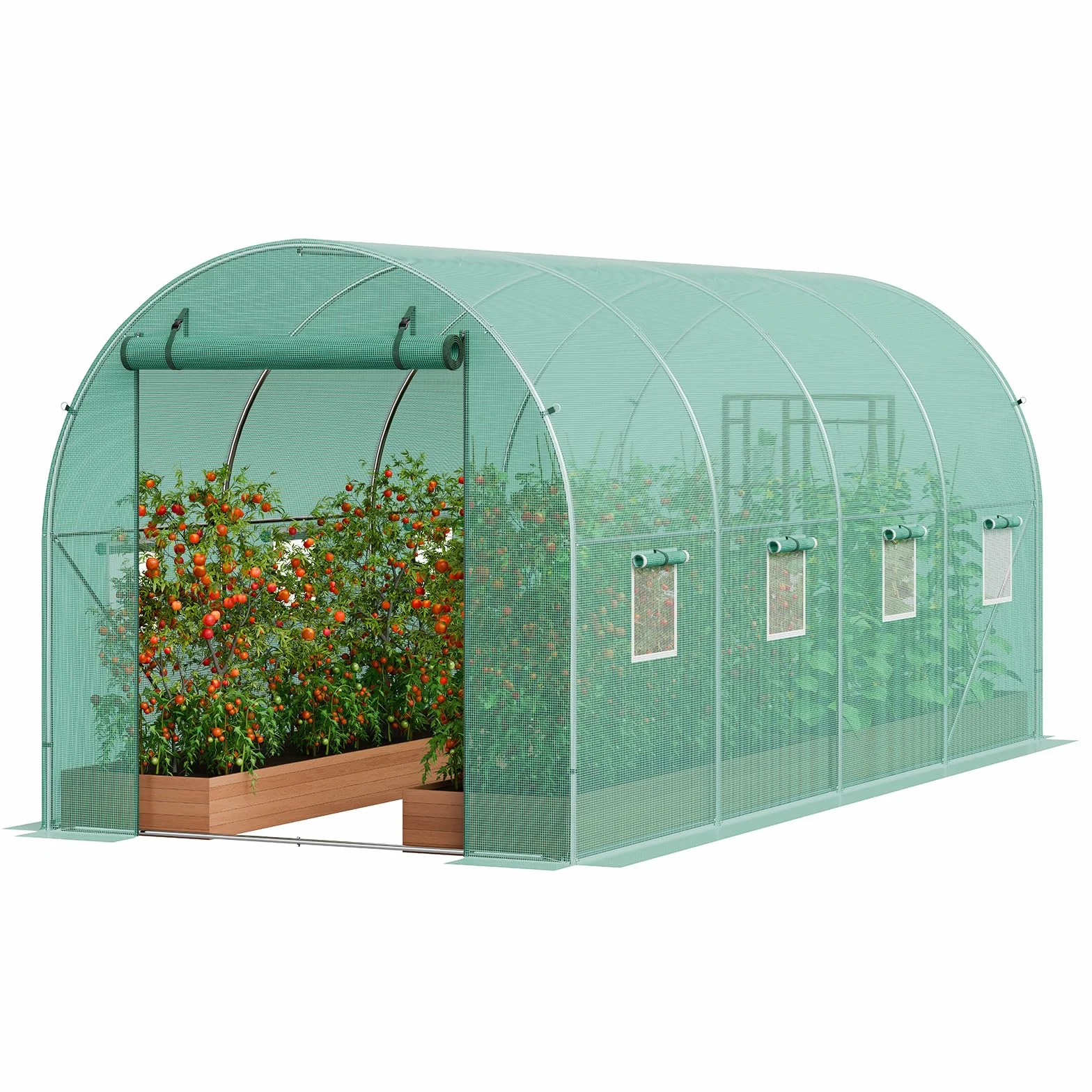 VEVOR Serre Tunnel Jardin, 445x194x192 cm, Tente Abri Plantes avec Cadre en Acier Galvanisé, Couverture en PE Verte, Porte à Glissière Enroulable, 8 Fenêtres, pour Extérieur Cultiver Légumes Fleurs