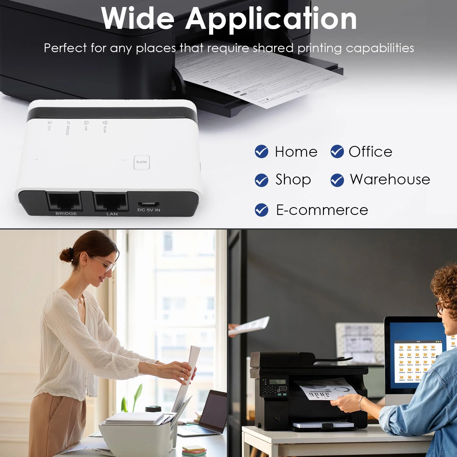 Luocute Serveur d'impression USB LAN 10/100 Mbps Support 4 Imprimantes Réseau sans Fil 2,4 G Prise UE