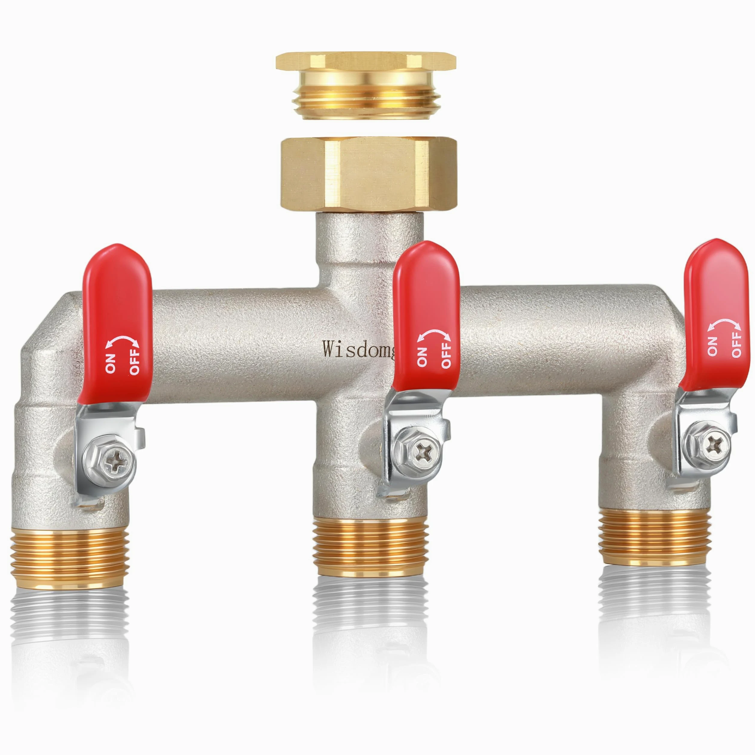 Distributeur 3 Voies, Vanne à 3 Voies d'Eau pour Robinet avec Filetage de 1 Pouce, Poignée Allongée Rouge, Laiton Robuste et Durable, avec Adaptateur 3/4 Pouce