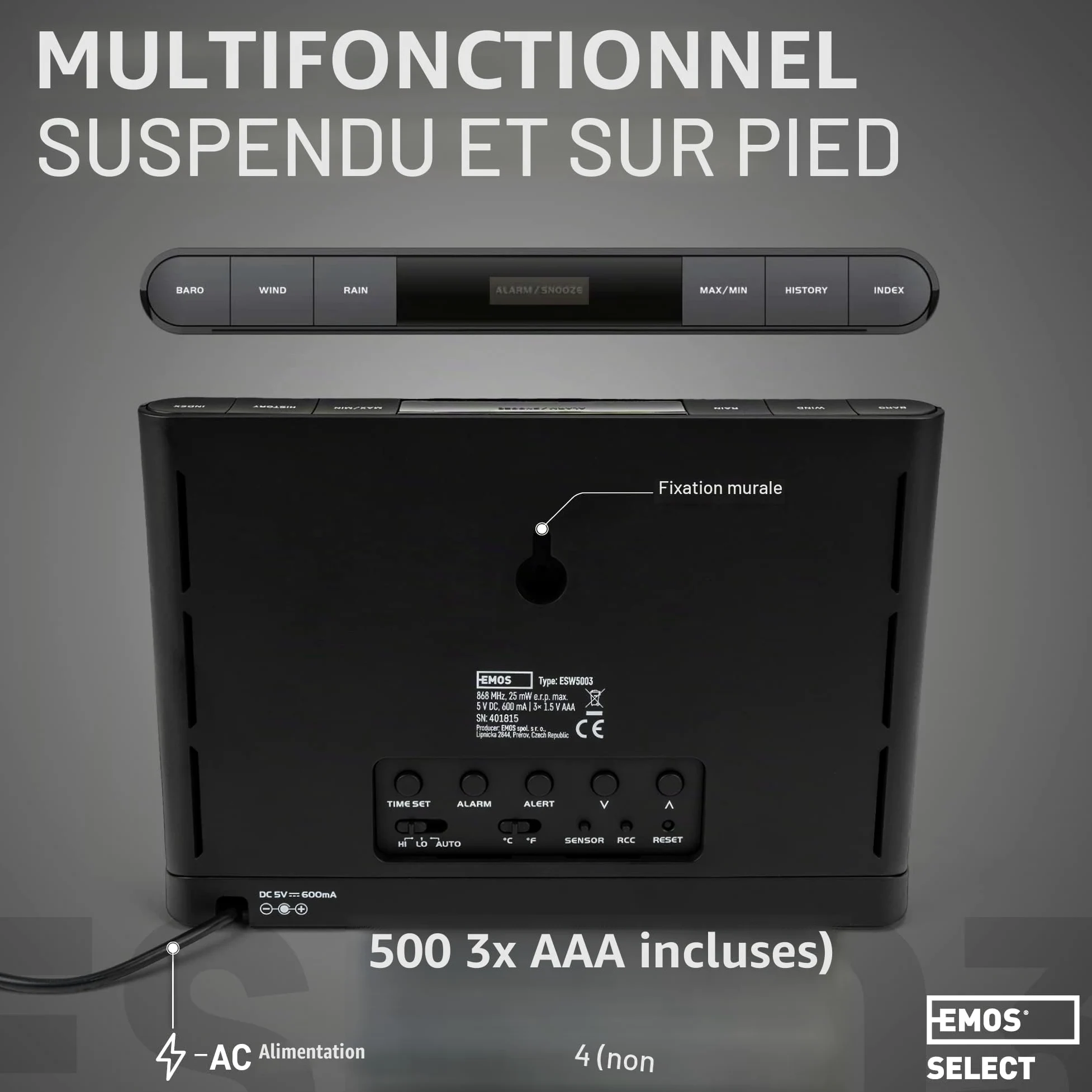 EMOS - Station Météo Intérieur Extérieur sans Fil avec Pluviomètre et Anémomètre - Date & Heure, Température, Humidité, Pression de l'Air, Indice de Chaleur & de Confort - Prévision 12-24h