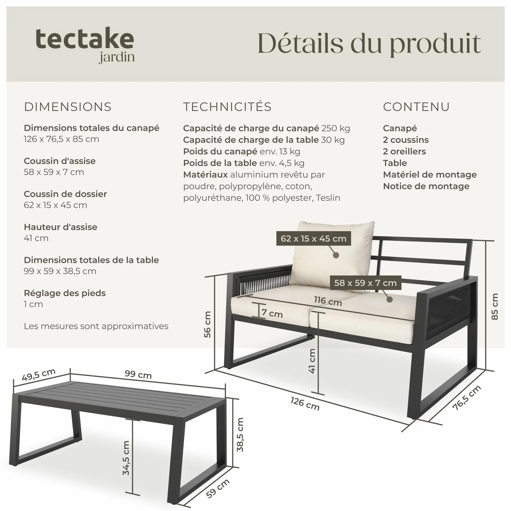 Tectake Salon de Jardin Canapé 2 Places Banquette Table Basse Coussins Inclus Cadre Aluminium laqué époxy Mobilier Exterieur
