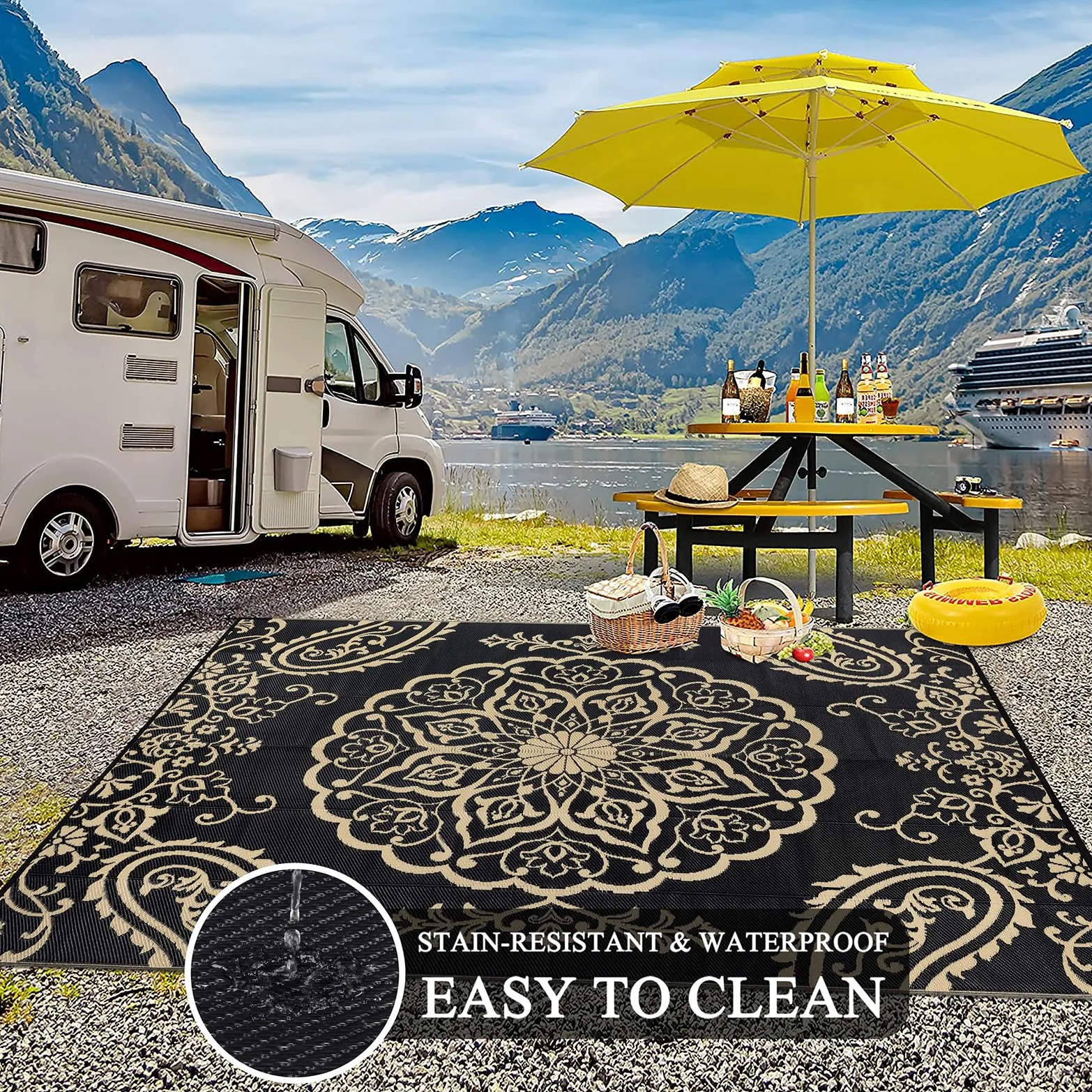Pauwer Tapis d'extérieur imperméable 2,4 x 3 m – Tapis réversible en paille en plastique pour extérieur, camping, camping-car, pique-nique, jardin, terrasse, balcon, porche