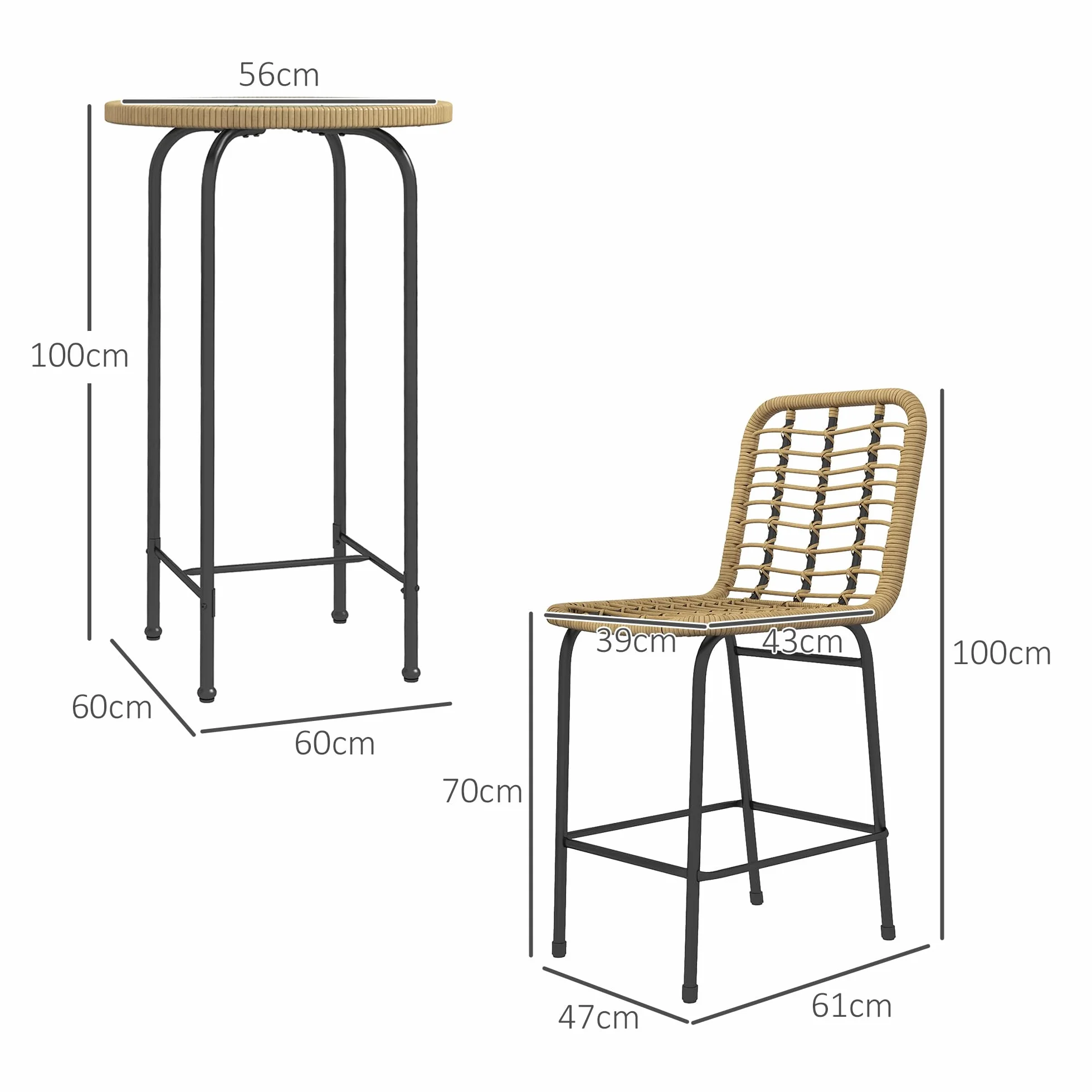 Outsunny Ensemble de Bar de Jardin 3 pièces Table Haute Ronde Design bohème + 2 tabourets Ronds Repose-Pied métal Naturel Noir