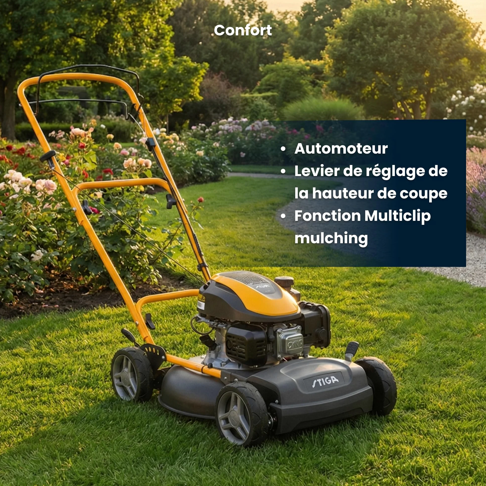 STIGA Multiclip 47 S Tondeuse à Essence, Tondeuse à Gazon broyeuse automotrice avec Moteur 123 CC, Plateau de Coupe 45 cm, 5 tondeuses Thermiques, Guidon Ergonomique Rabattable.