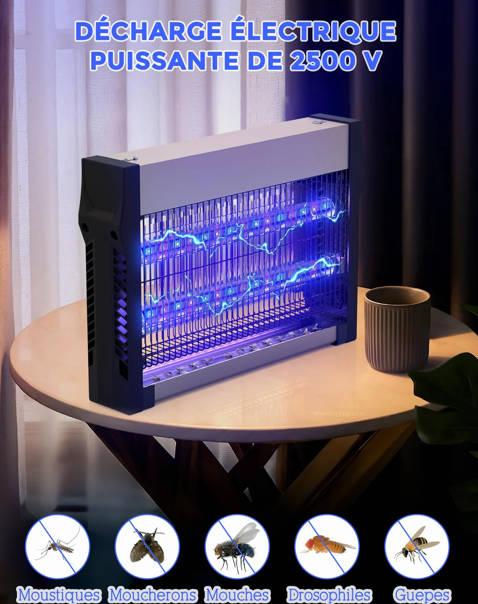 Lampe Anti Moustique 2500 V, Tue Mouche Électrique avec Tubes LED, Double Attraction UV, 80 m²