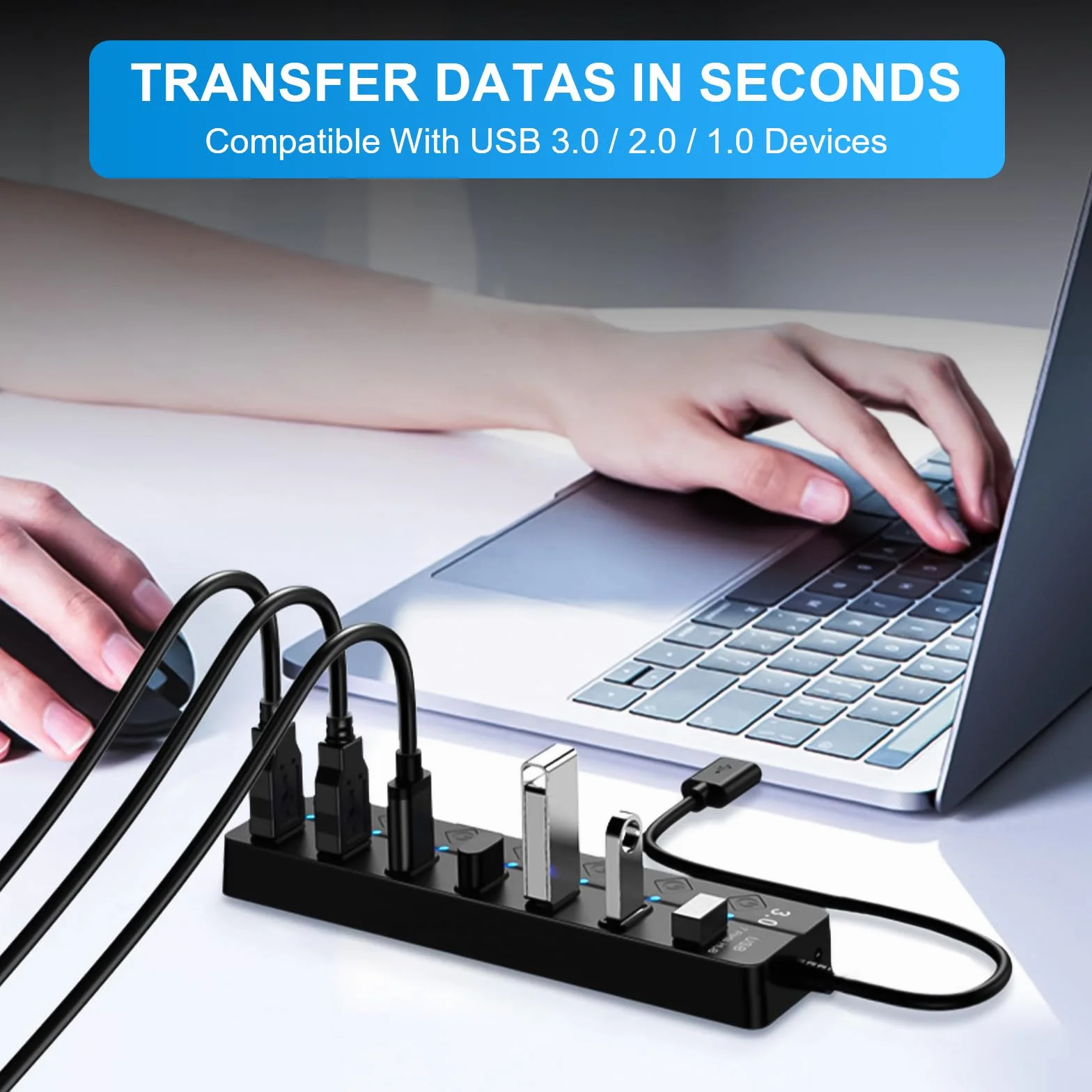 HORJOR Hub USB 3.0 7 Ports avec Interrupteur Séparé et LED, Alimenté Adaptateur Transfert Données Charge Rapide