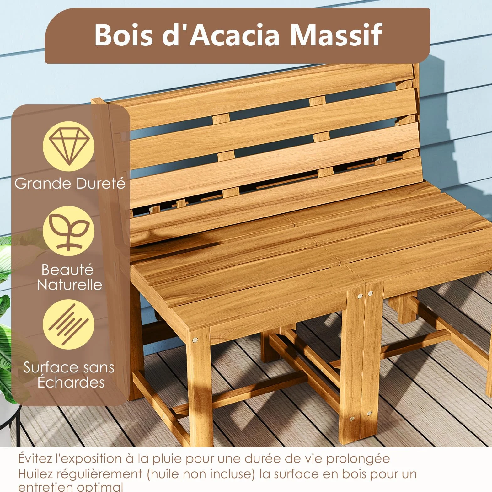 COSTWAY Salon de Jardin 3 en 1 Banc 2 Places Table Rectangulaire Chaises Extérieur Bois d'Acacia Dossiers Inclinés Siège à Lattes
