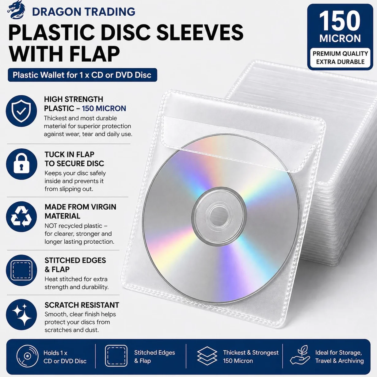 Dragon Trading 25 x CD DVD Disque transparent Housse plastique 150 Micron Wallet