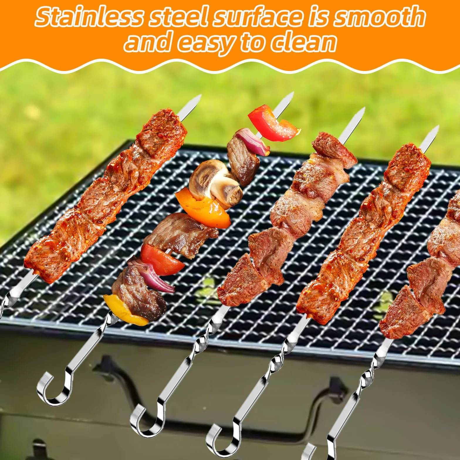 Brochettes en Acier Inoxydable 24 Pièces avec Pinceaux Réutilisables pour Barbecue Viande Légumes