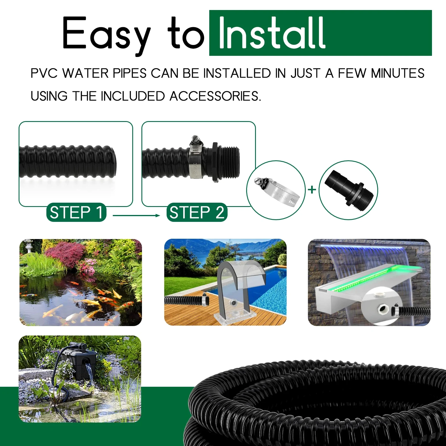 LONGRUN Tuyau étang 25 mm / 1 "5m, tuyau flexible ondulé avec raccords de tuyaux de pinces, tubes PVC PVC résistants aux UV pour les étangs de jardin cascades de camping filtres Drainage marins