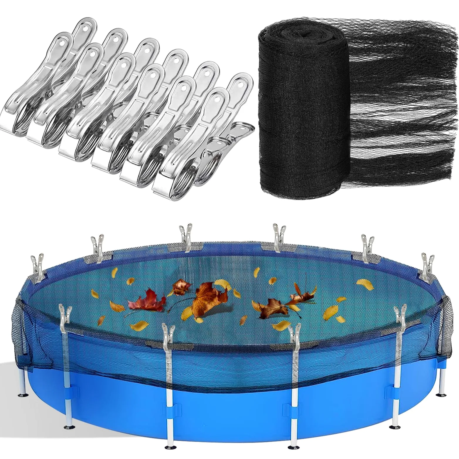 Bâche de piscine ronde 6x6 m, filet pour piscines Ø550 cm, filet à mailles fines (12x12 mm) avec 12 pinces en métal