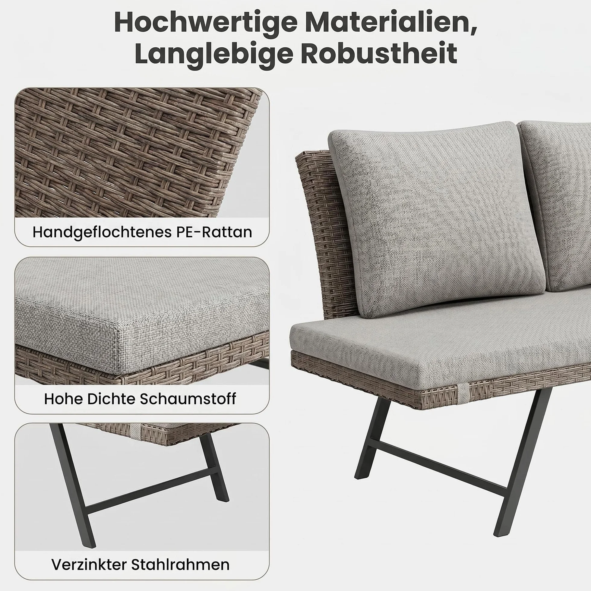 Lot de 2 Canapé de Jardin 2 Places en Poly Rottin avec Accoudoirs Réglables, Chaise Longue pour Terrasse Balcon Patio, Meuble de Jardin avec Coussins Lavables Beige