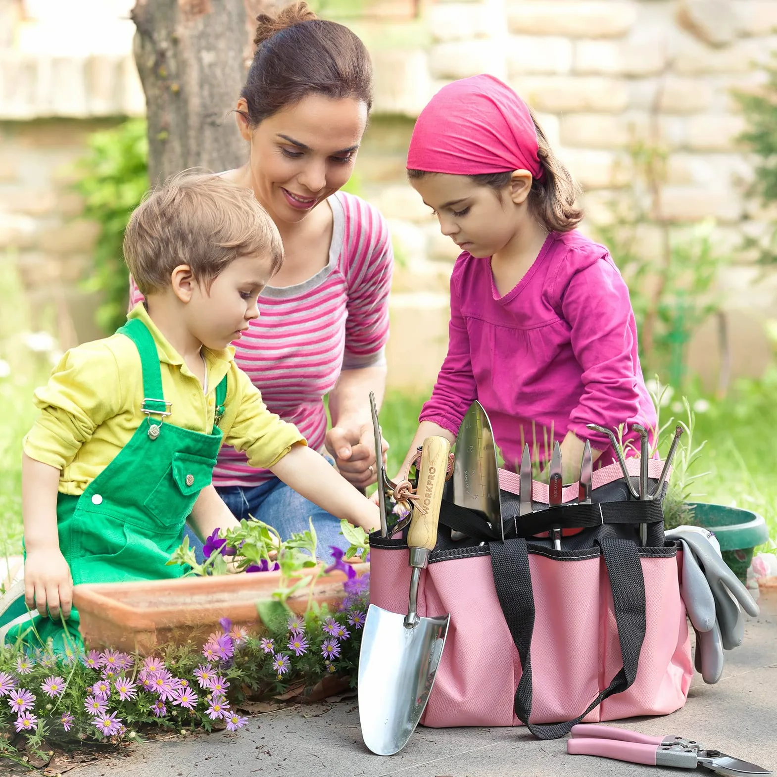 WORKPRO Ensemble d'Outils de Jardinage Rose 8 Pièces en Acier Inoxydable | Poignées en Bois, avec Sécateur, Gants, Sarcloir, Griffe, Fourche, Pelle à Terreau et Transplantoir