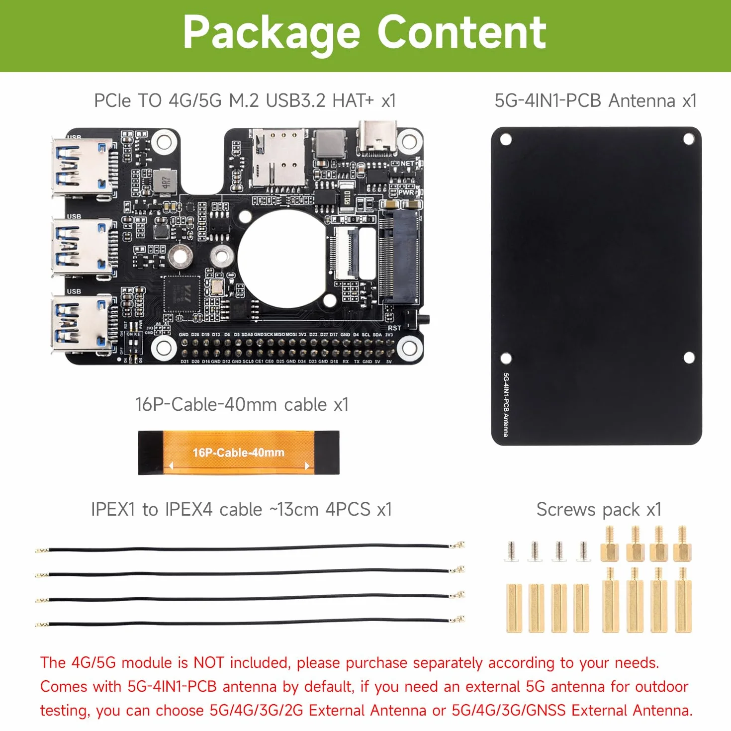 Waveshare PCIe to M.2 4G/5G USB 3.2 Hat Cellular Modem for Raspberry Pi 5