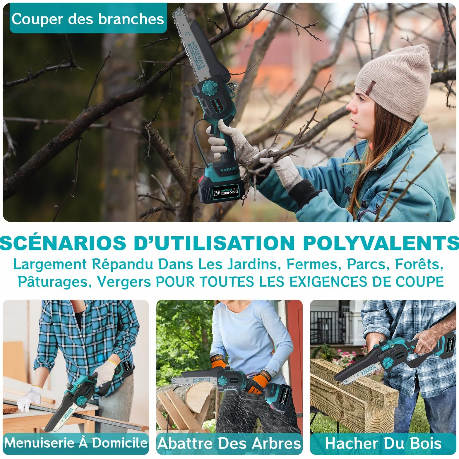 Mini Tronçonneuse a Batterie 8000mAh, 8 & 6 Pouces Lubrificateur Automatique et Électrique Tronçonneuse 2 * 4000mAh Brushless Elagueur, Pour La Coupe Du Bois, Branches, L'élagage, La Cour, Jardin