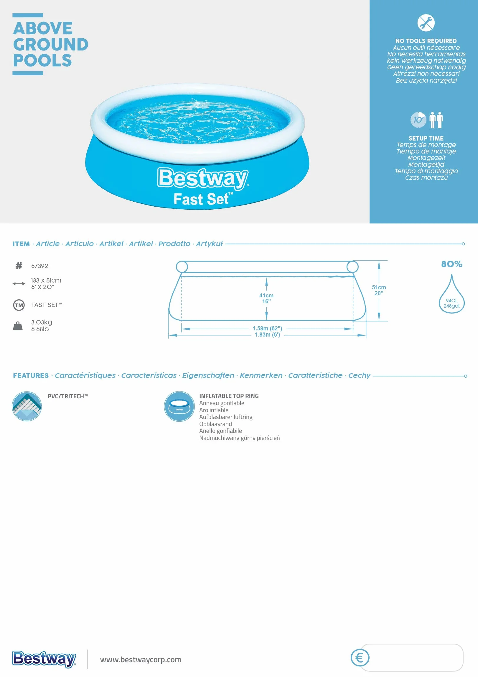 Bestway Fast Set™ Piscine Hors Sol Ronde 183 x 51 cm Bleu