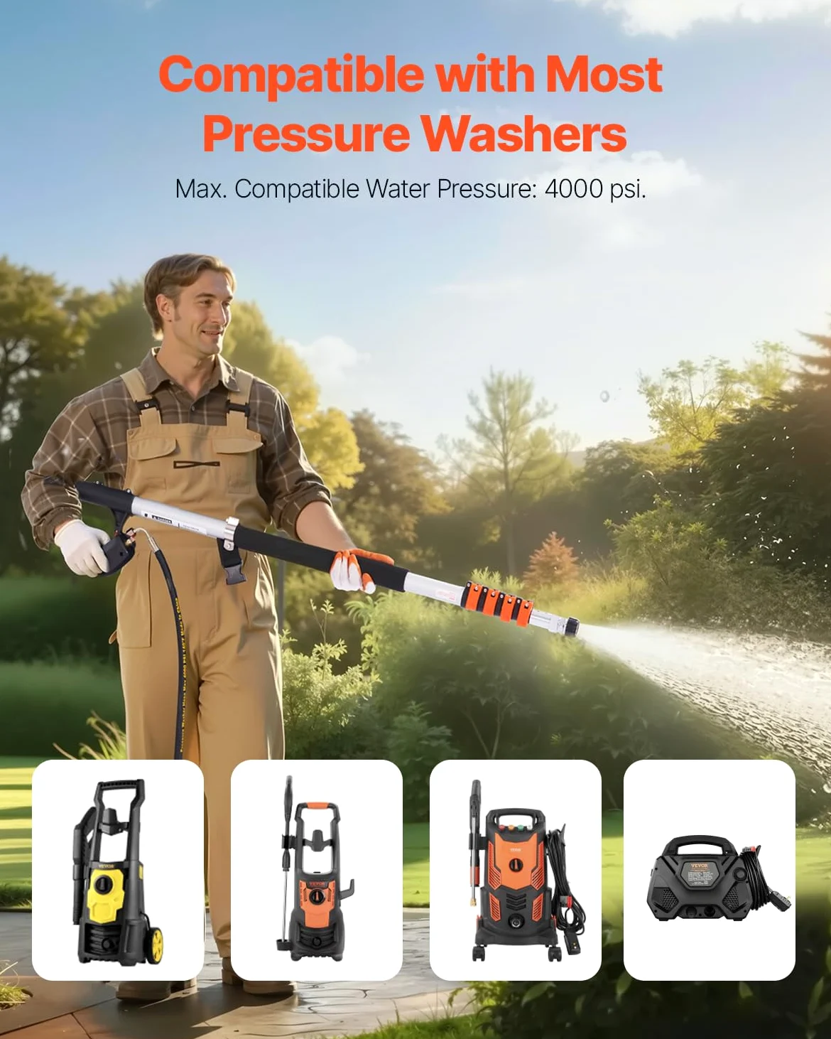 VEVOR Lance Télescopique pour Nettoyeur Haute Pression 5437 mm, Baguette Pulvérisation Télescopique 4000 psi avec Rallonges, Tête de Brosse, 5 Buses, Adaptateur, Ceinture de Support, pour Gouttière