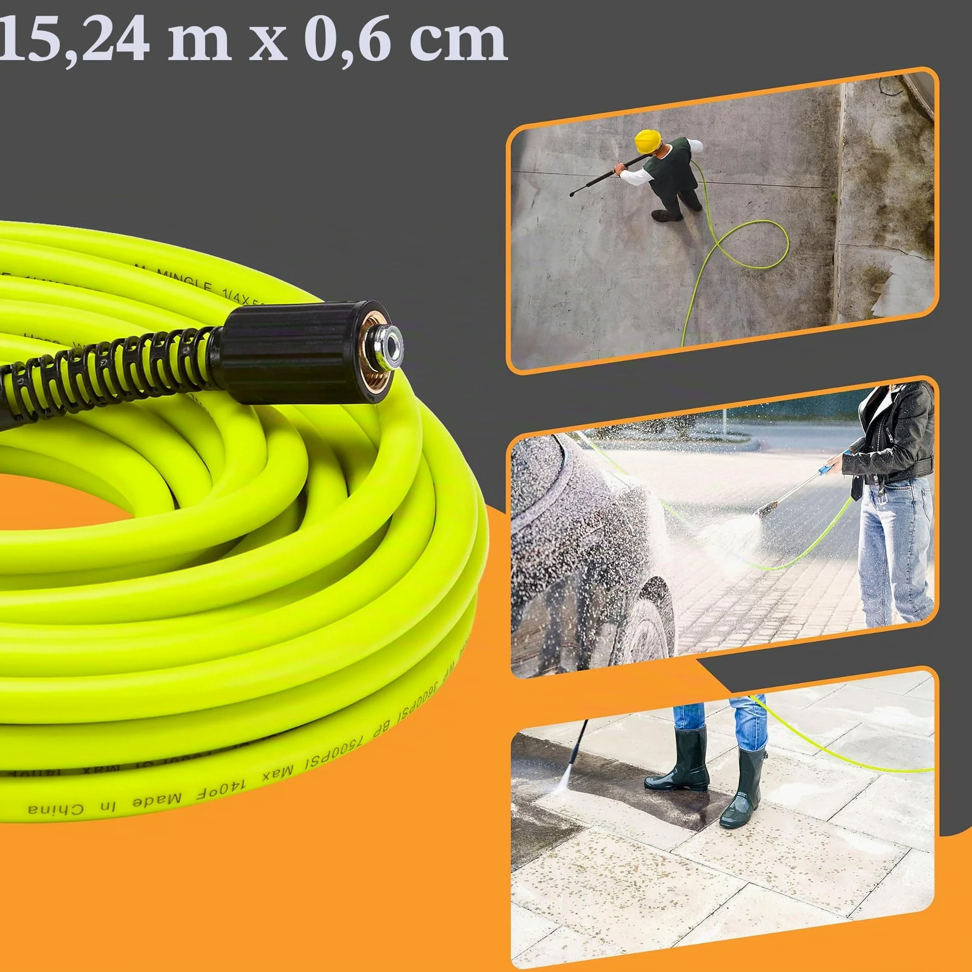 M MINGLE Tuyau Haute Pression 15 m x 1/4", M22 14mm en Acier Inoxydable | Flexible pour Nettoyeur Haute Pression, Raccord Rapide 3/8", Anti-Vrille, Idéal pour Nettoyage de Voiture et Allée, 250 bar