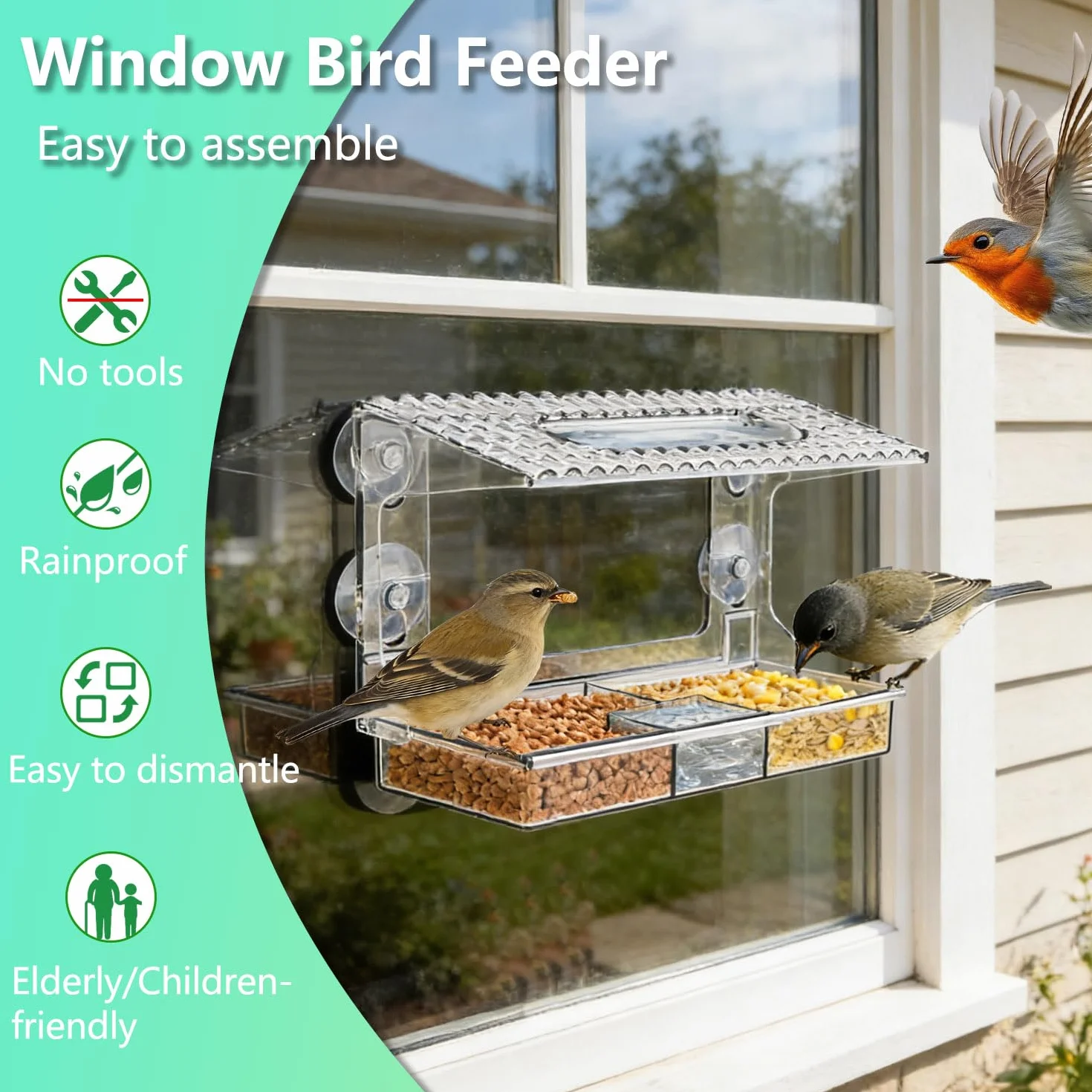Mangeoire fenêtre Transparente Vue Claire pour Petits Oiseaux Sauvages, Ventouses puissantes