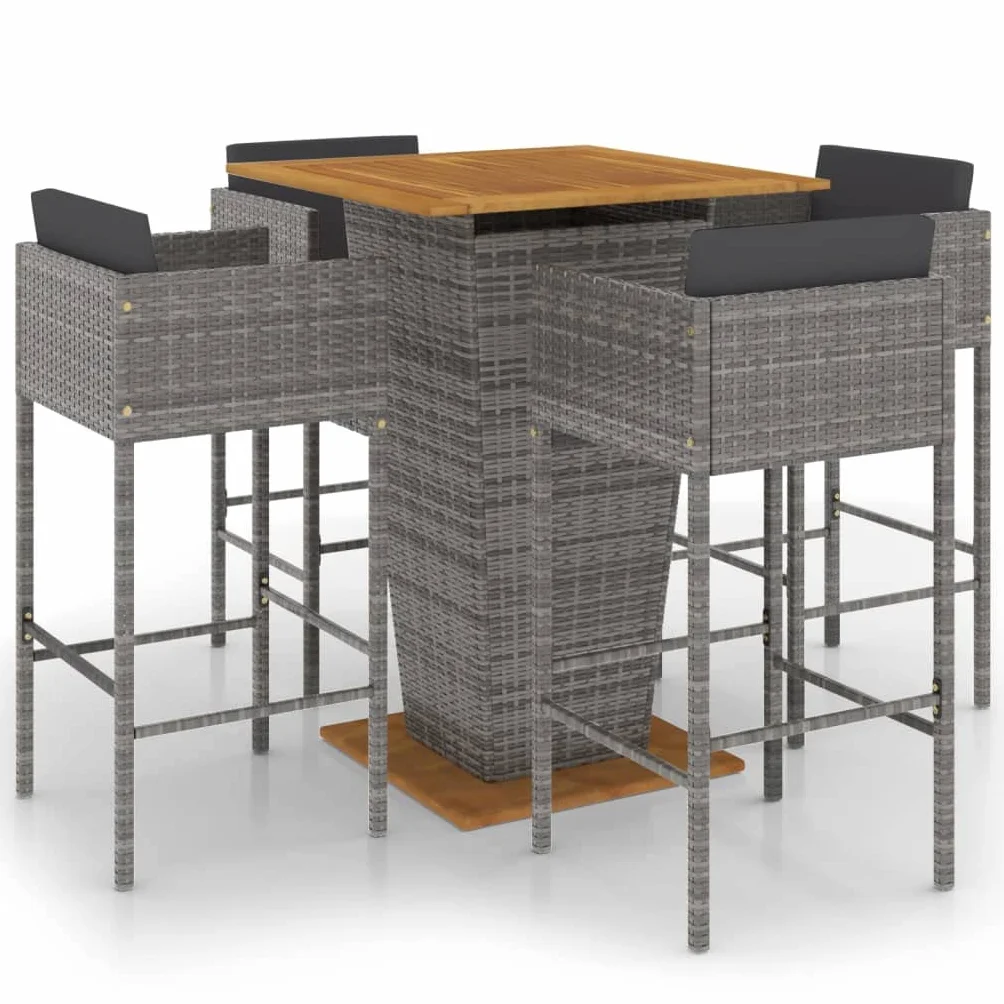 Ensemble de Bar de Jardin 5 pièces avec Coussins, Table et Chaises de Patio en Résine Tressée Gris