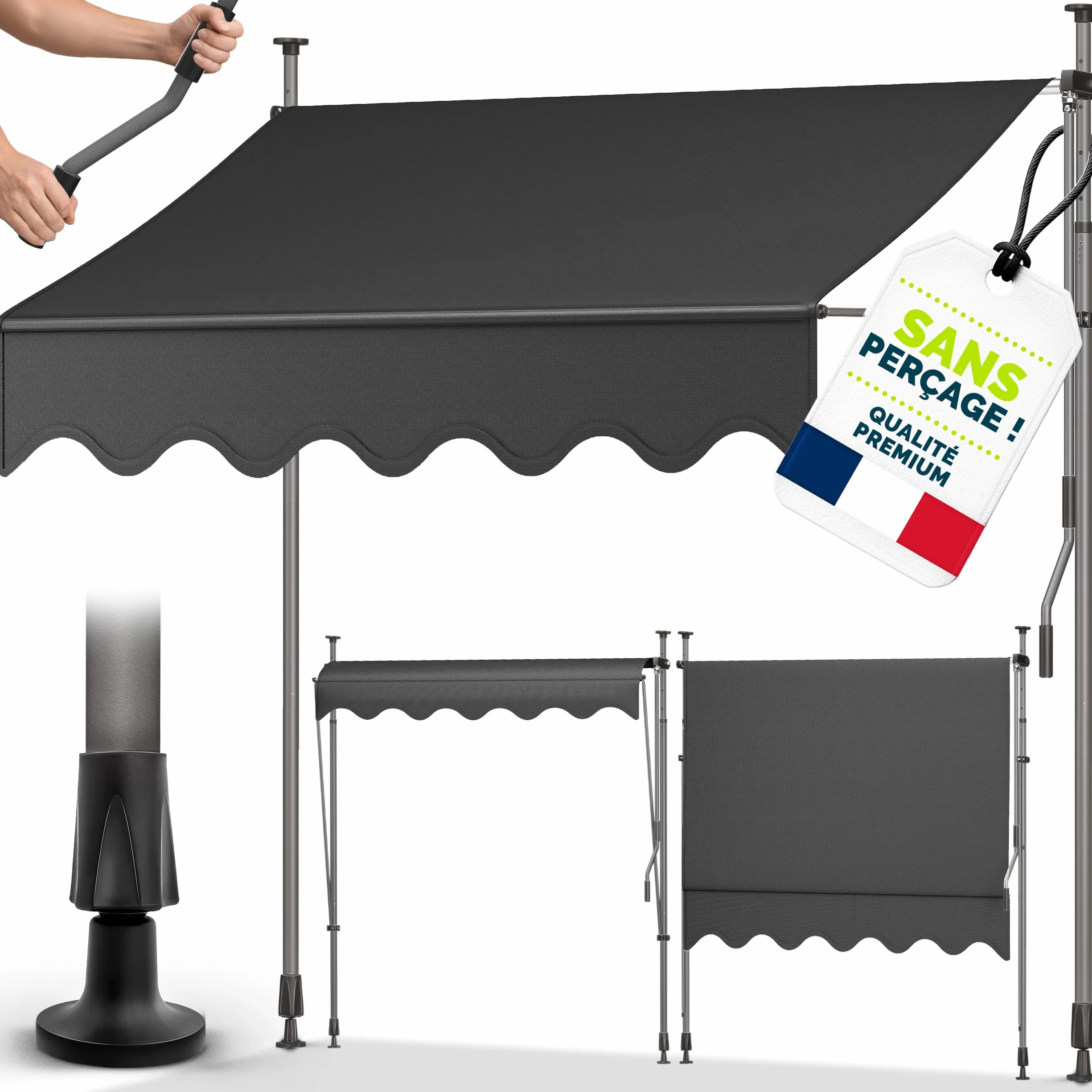 Markiza rétractable avec manivelle pour balcon terrasse sans percement auvent télescopique Anthracite 150cm