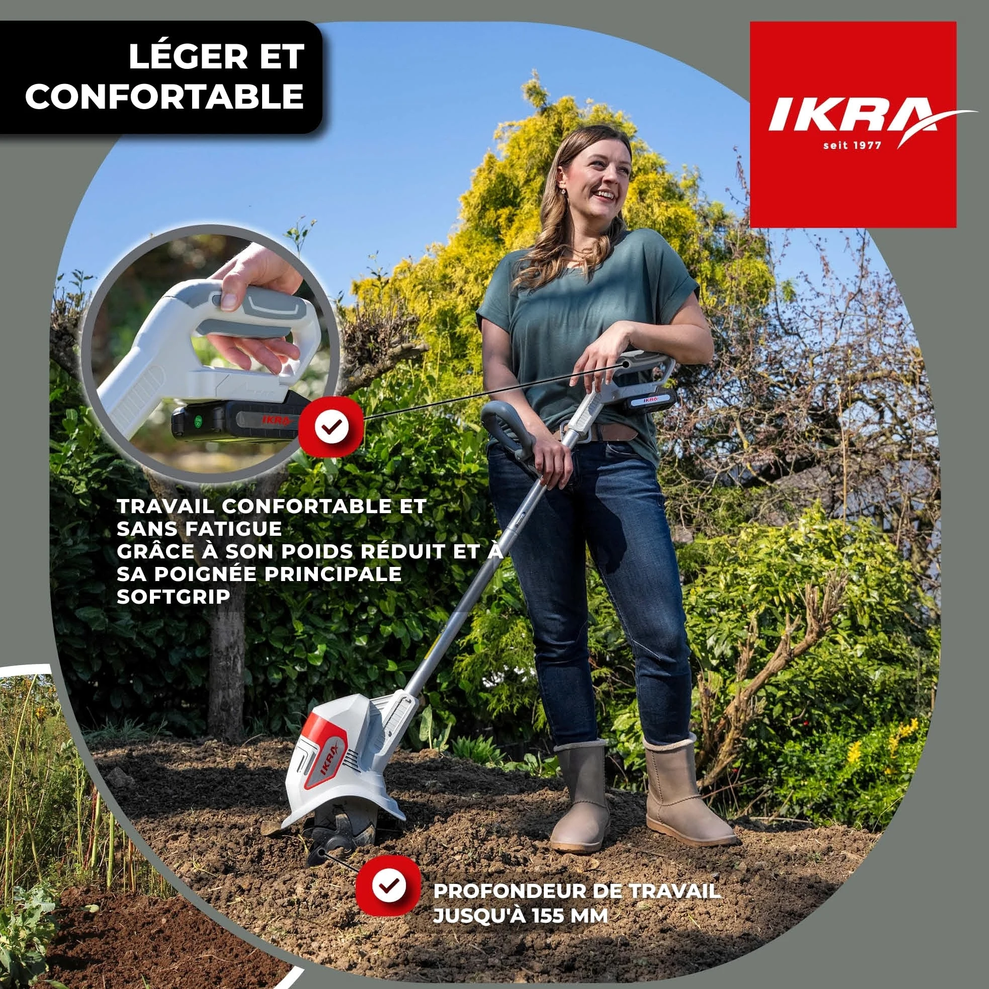 IKRA motoculteur à Batterie IAMH 20, Largeur 19cm, Batterie & Chargeur INCL | Profondeur de travail jusqu'à 15,5 cm, léger, rangement peu encombrant, gamme d'outils sans fil 20 V d'IKRA