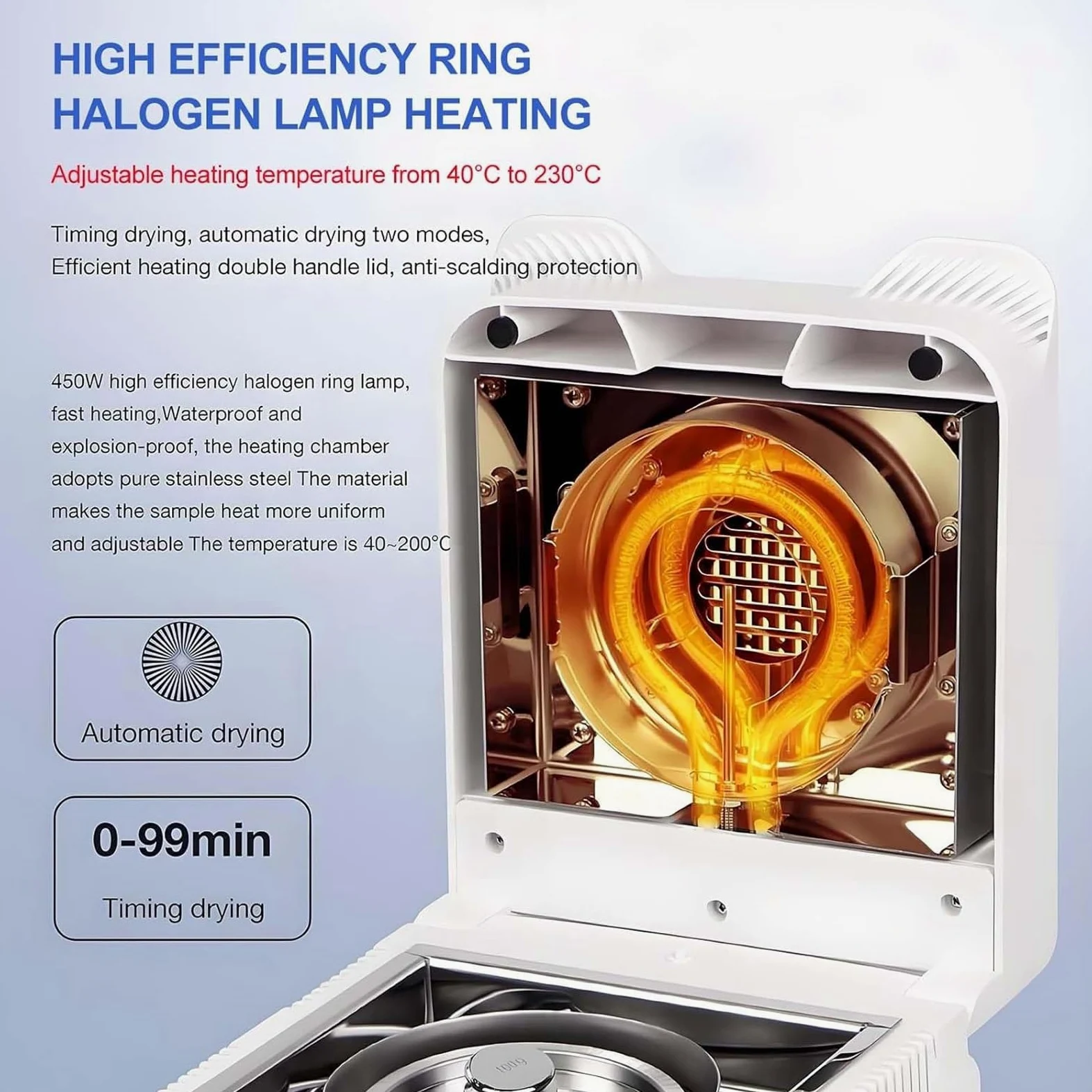 Humidimètre halogène portable, analyseur d'humidité alimentaire de laboratoire avec lisibilité de 0,01 %, 3 modes de séchage, réglable de 40 à 230 °C, pour nourriture, plantes