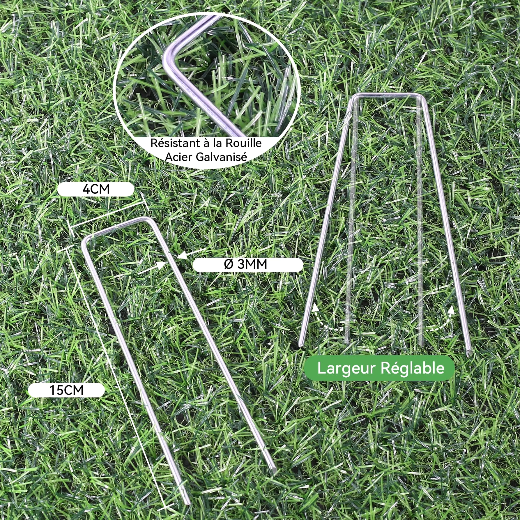 400 Pièces 15cm Piquets de Jardin Robustes de Ø 3 mm - Agrafes en Acier Galvanisé pour Fixer Les Toiles Anti-Mauvaises Herbes, Les Filets et Les Tubes avec 1 Crochet de Ramassage