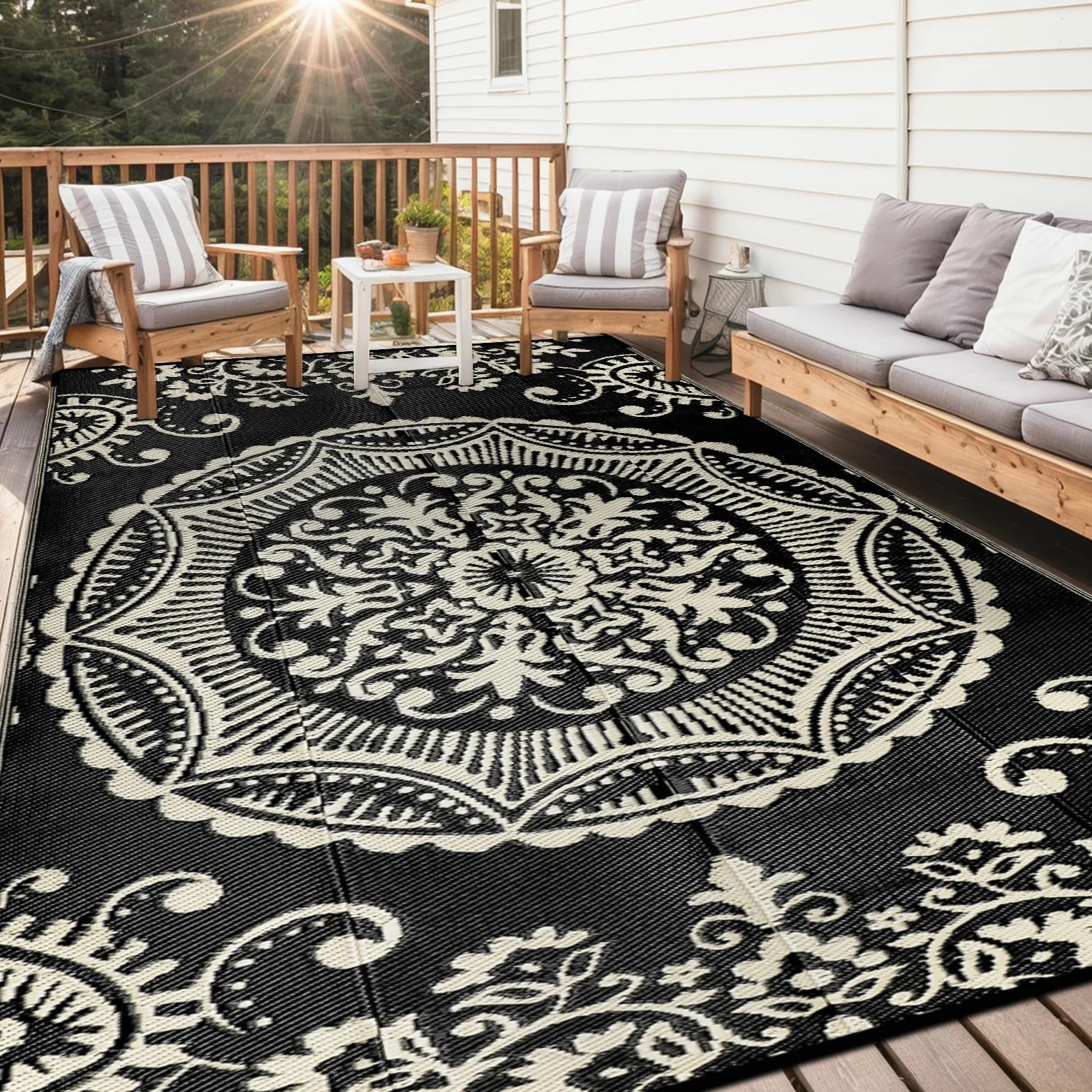 Capslpad Tapis de camping en paille de plastique imperméable, réversible, motif floral, tapis de balcon pliable avec sac de transport pour terrasse, banc, pique-nique, porche, 2,3 x 3 m - pour