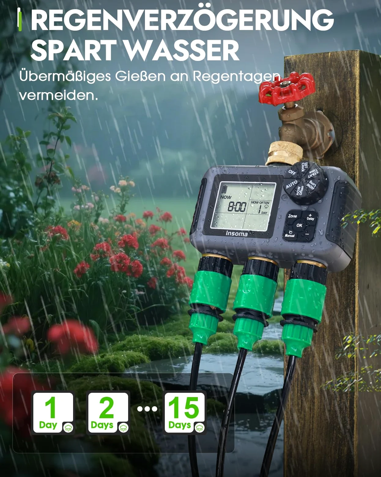 Insoma Horloge d'arrosage à 3 zones, entrée et sortie en laiton + étanche IPX5, arrosage automatique/manuel, retard de pluie et grand écran, minuterie de robinet pour jardin, pelouse et tuyaux de cour