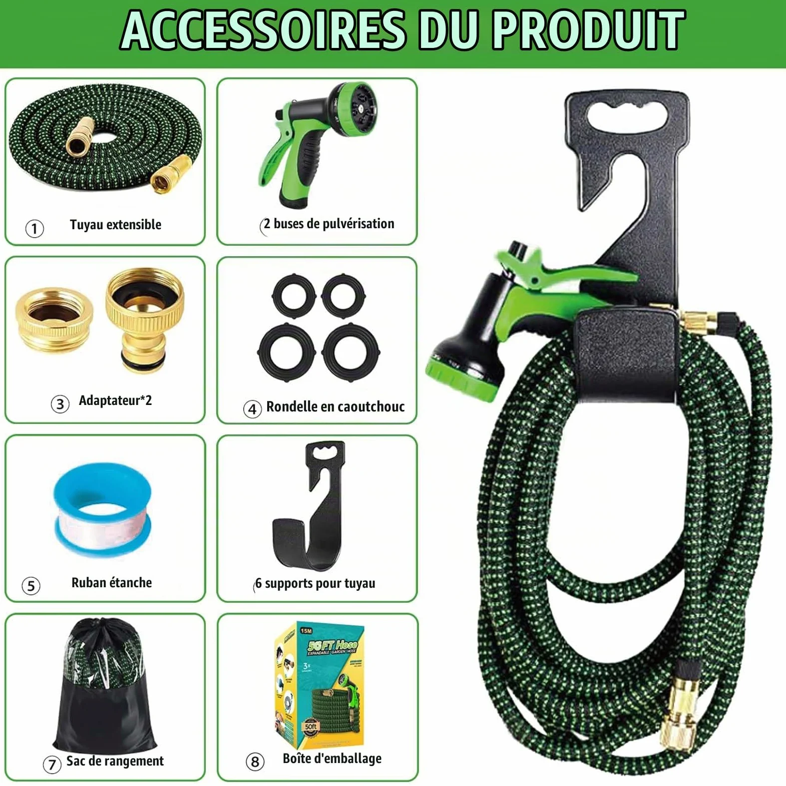 Tuyau d’Arrosage Extensible 22.5M – Tuyau Jardin Rétractable & Anti-Fuite – Pistolet 10 Jets, Raccords Renforcés, Sac & Support – Flexible Haute Pression Auto/Balcon – Vert