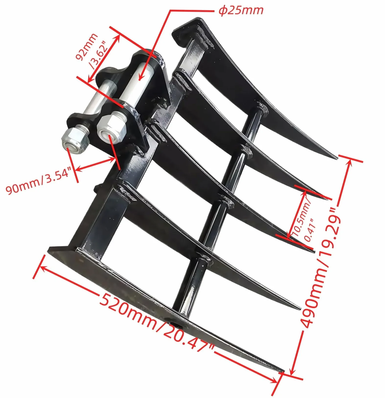 Râteau hydraulique inclinable pour mini excavatrices de 0,8 à 2 tonnes et micro-pelleteuses, trou de broche de 25 mm d'envergure de 90 mm
