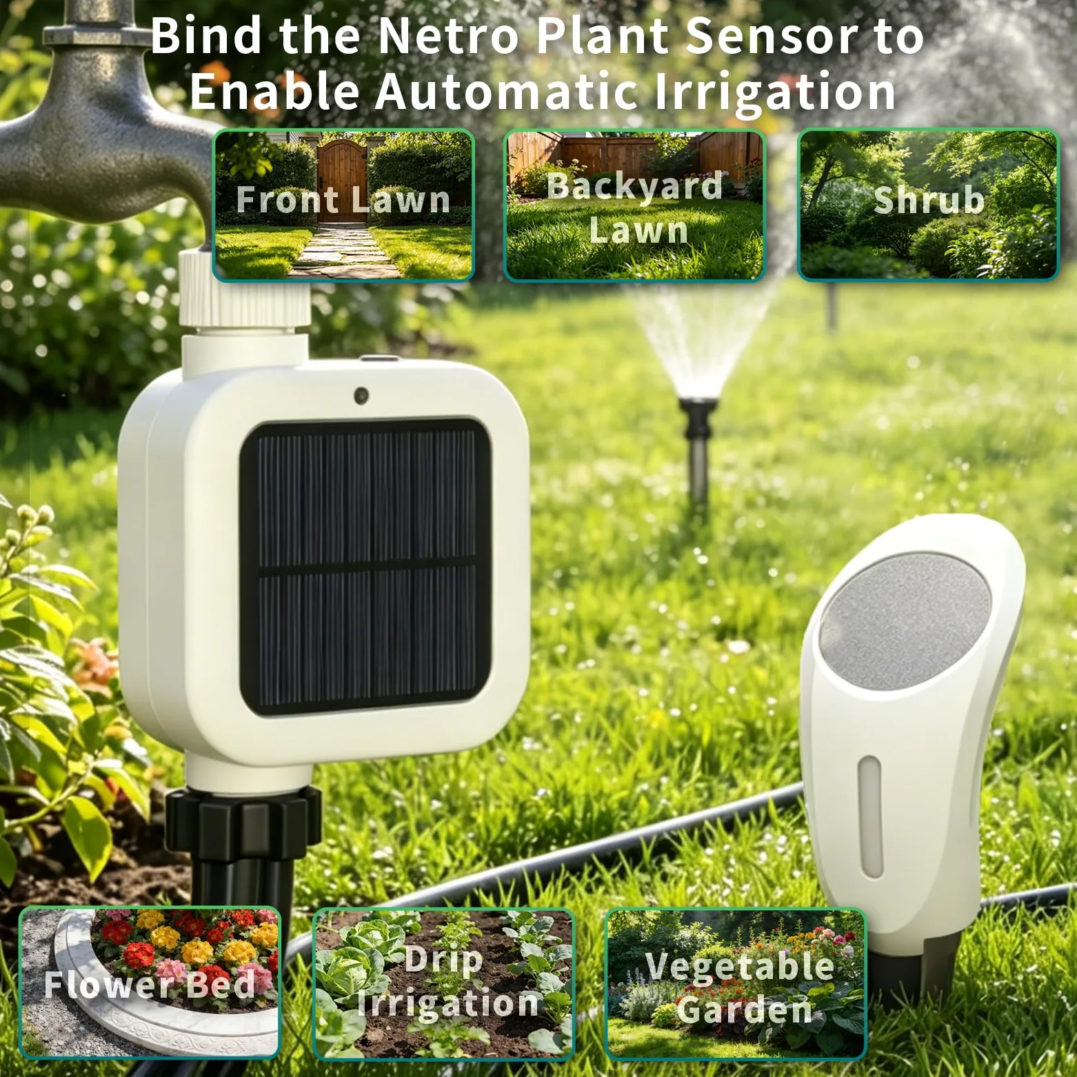 Netro Pixie Minuterie Intelligente pour Tuyau, Connexion WiFi, Alimentation Solaire, S’adapte aux intempéries