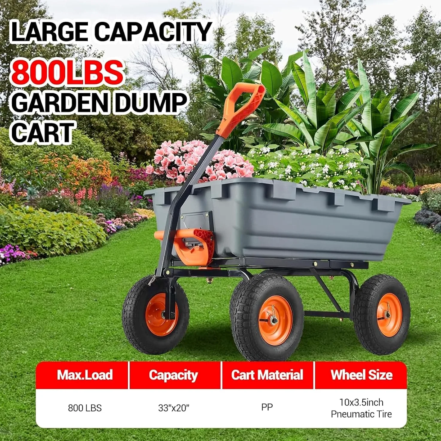 Brouette de jardin de 800 lbs avec fonction basculante, 4 roues avec pneus pneumatiques de 10", bac en polypropylène, poignée réglable en hauteur, inclinable, pour jardin, cour, transport, bois, terre
