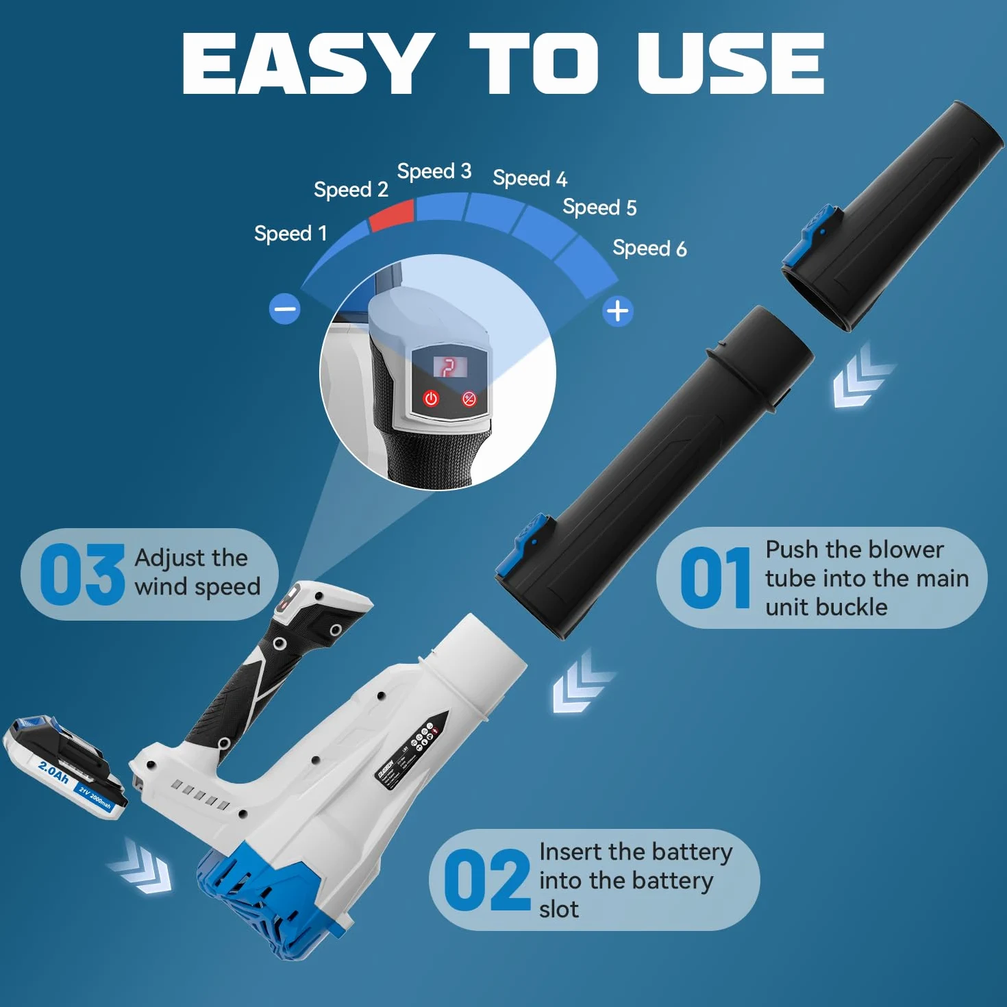 Souffleur Brushless CUSBON, Souffleur avec batterie 2 x 2,0 Ah et chargeur