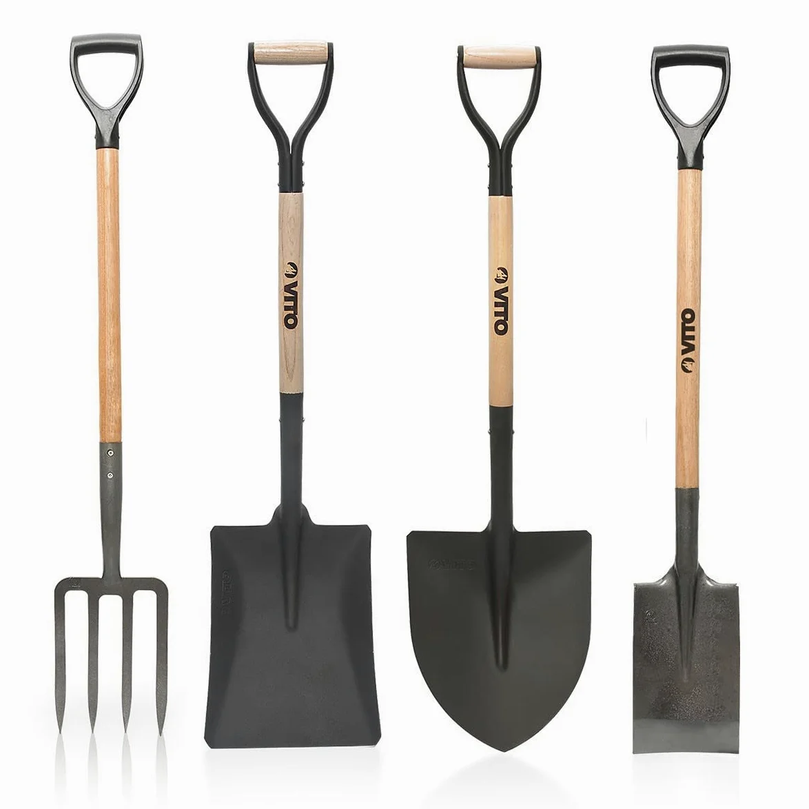 VITO - Pack 4 Outils de Jardin Acier Haute qualité Manche en Bois Poignée Ergonomique Fourche + Pelle carrée + Pelle Ronde + Bêche