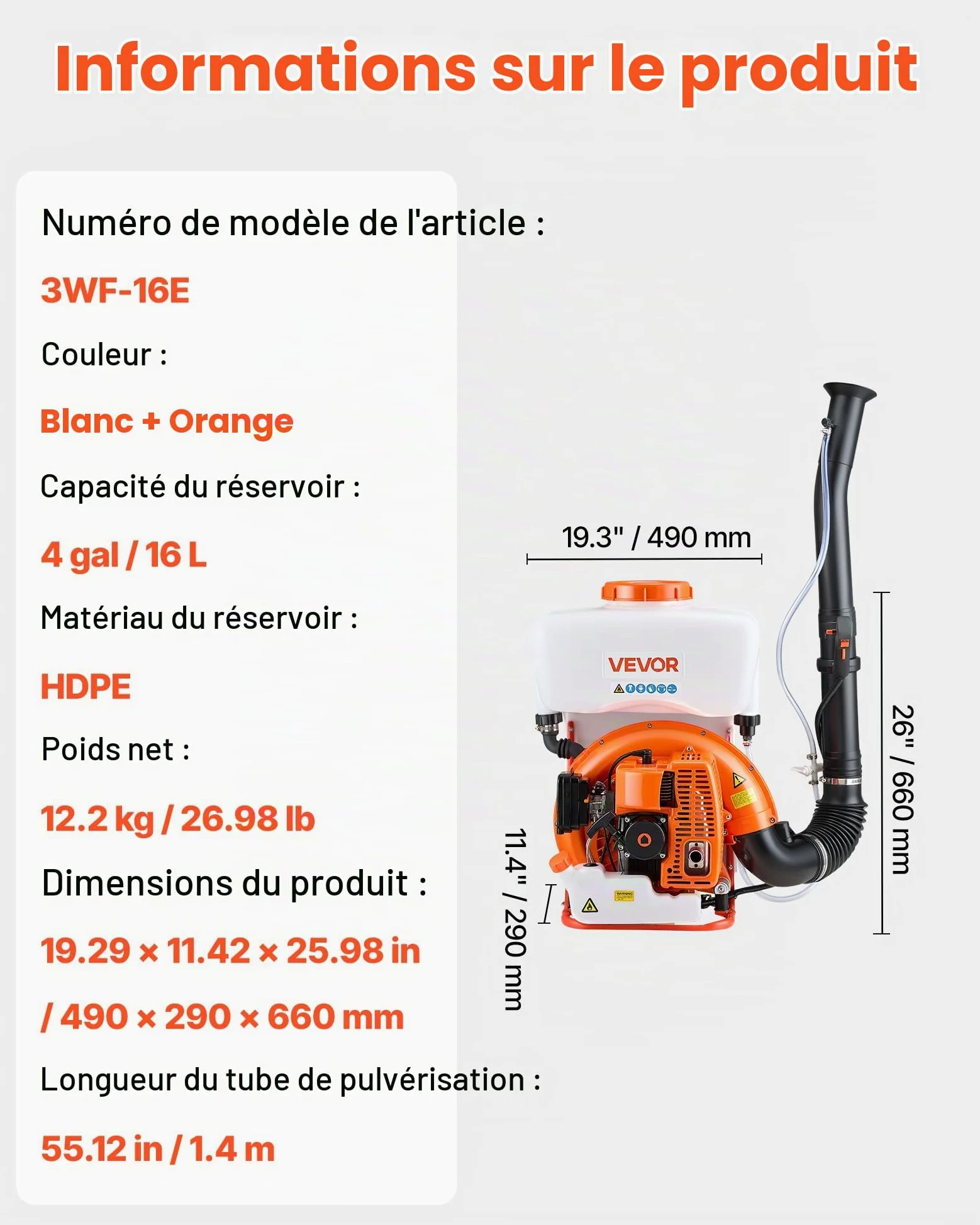 VEVOR Pulvérisateur à Dos Thermique, Moteur 63 CC 2,1 KW, Brumisateur à Dos à Essence avec Réservoir 16 L, Système Pulvérisation Poudre et Liquide, pour Entretien Cultures de Jardinage, Agriculture