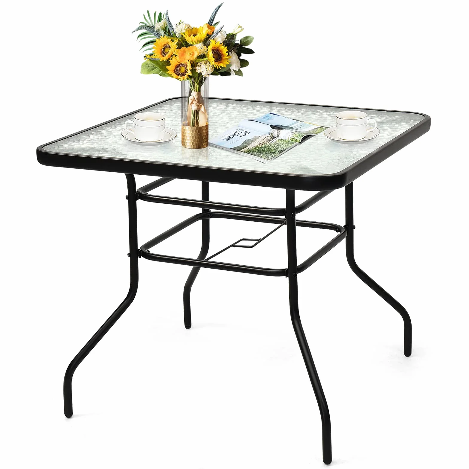 GIANTEX Table de Jardin Carré 81x81 cm Verre Trempé avec Trou de Parasol Métal Laqué