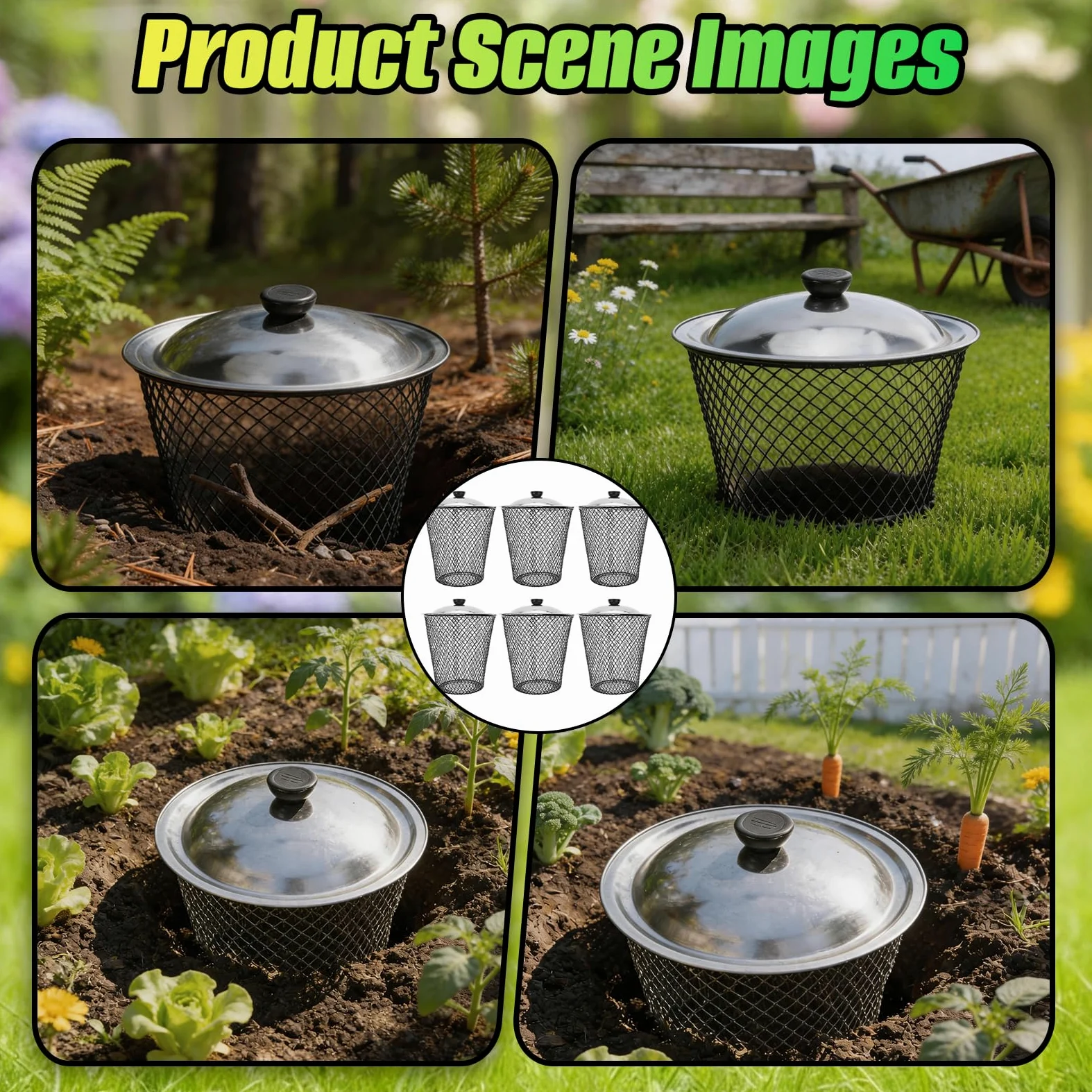 Composteur De Jardin 2 en 1, Lot De 6 Composteurs en Maille Métallique avec Couvercle Cloche De Protection pour Plantes Et Bac À Compost Protection Contre Les Animaux pour Potager Et Jardin