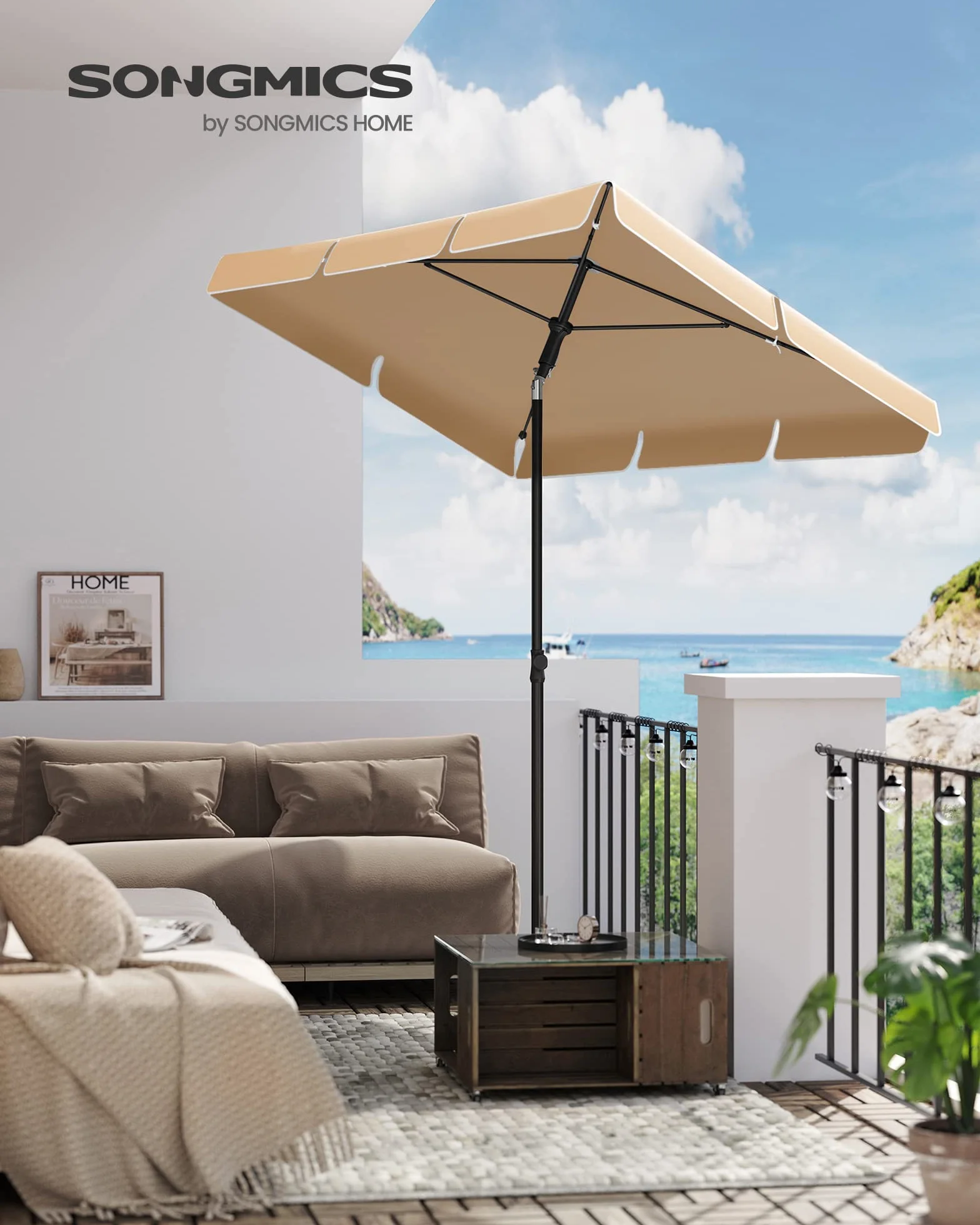 SONGMICS Parasol 200 x 125 cm Protection Solaire UPF 50+ Inclinable 30° Hauteur Réglable Sac de Transport Jardin Terrasse Taupe GPU25BR