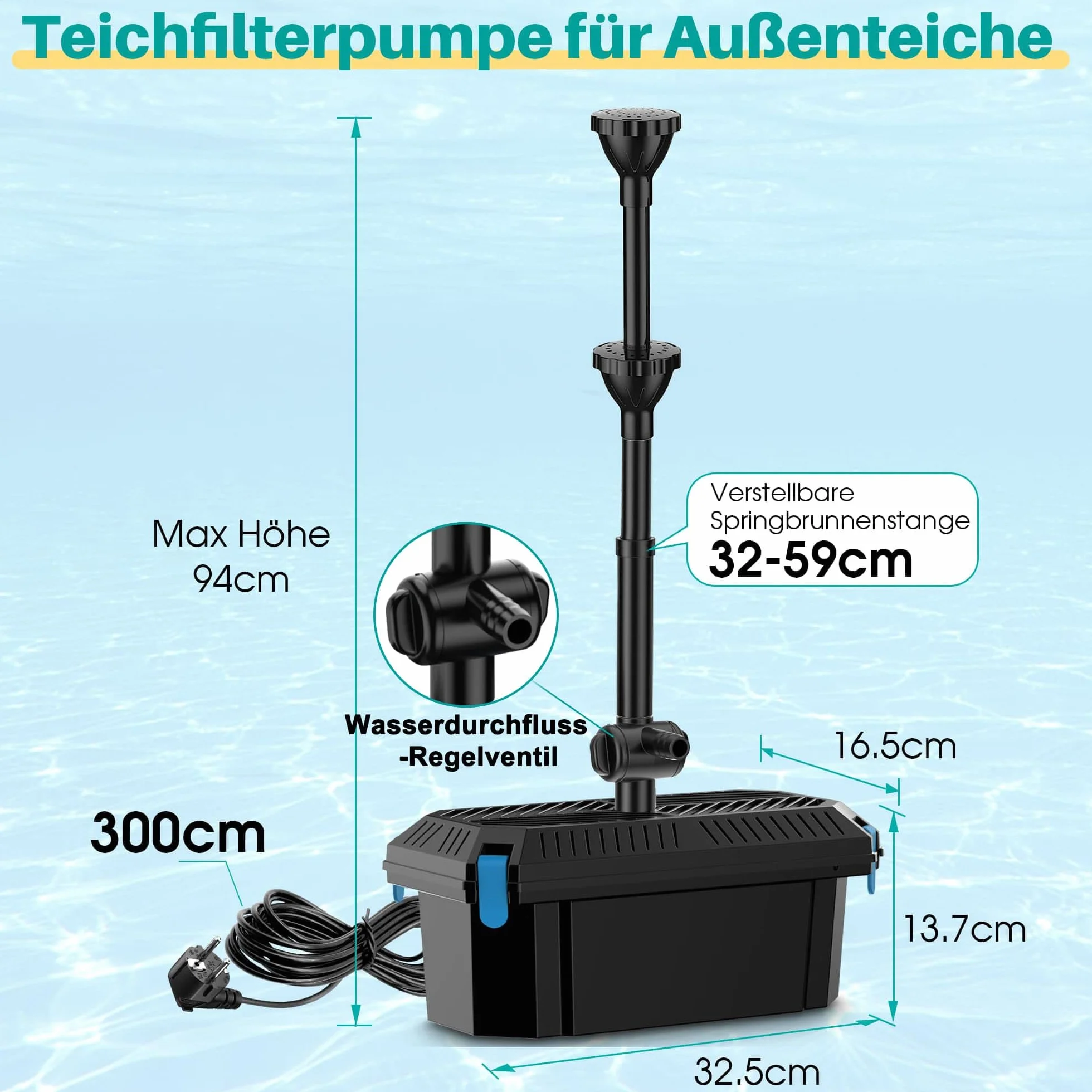 Pompe de Filtration de Bassin 40 W 2500 l/h, Filtre Tout-en-Un Valve Buses, Nettoyage 4000 l