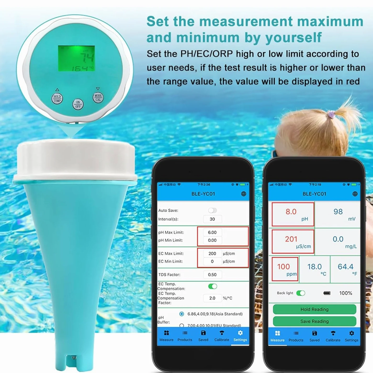 Generic Testeur d'eau Bluetooth pour piscine – Surveillance du pH et du chlore – 1 pièce