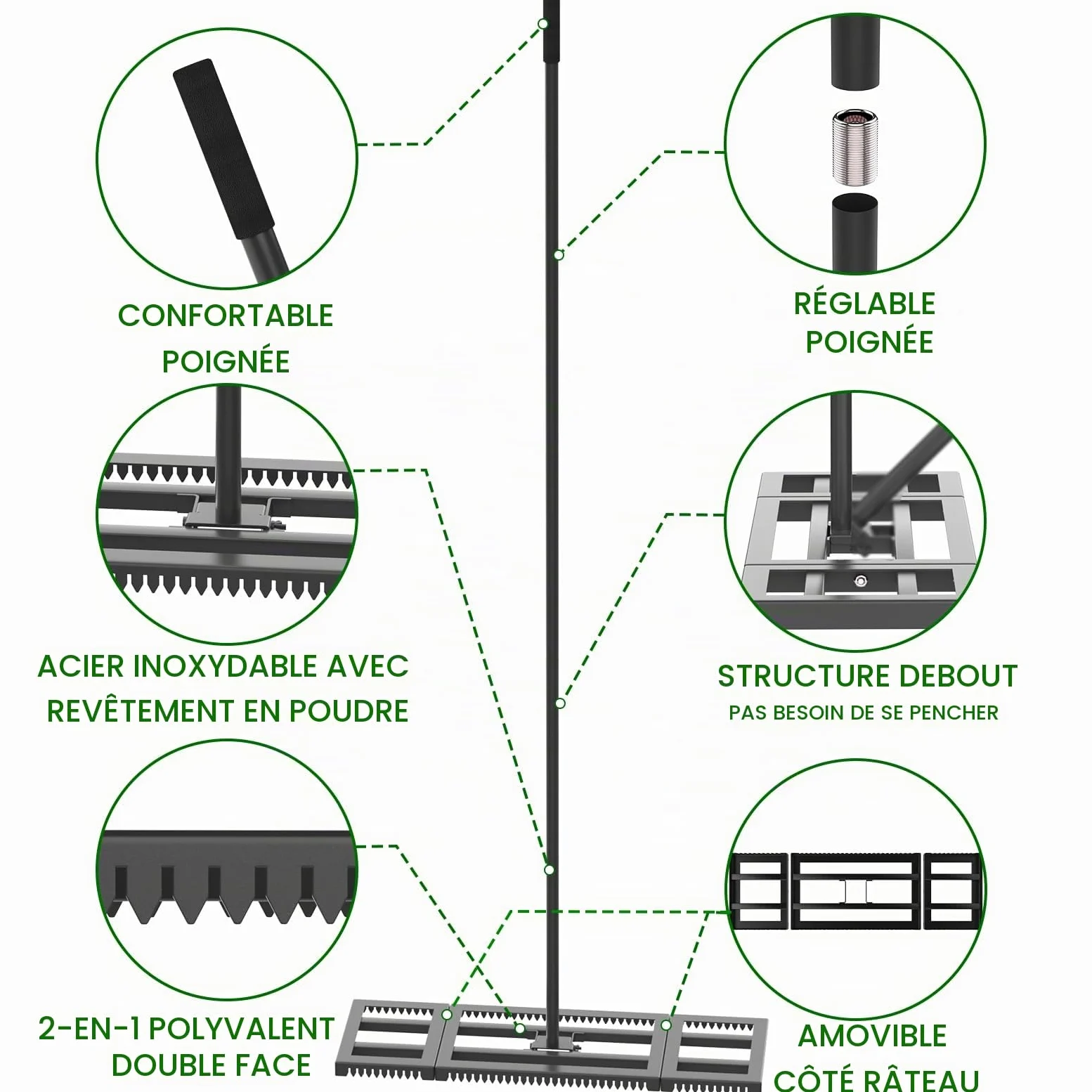 Housolution Râteau Niveleur de Pelouse 32"x10", Manche Réglable 72" | Avec Bord Dentelé & Plaque Lisse, Râteau Niveleur en Acier Inoxydable Résistant, pour Sol/Terre/Compost/Herbe Morte/Gravier