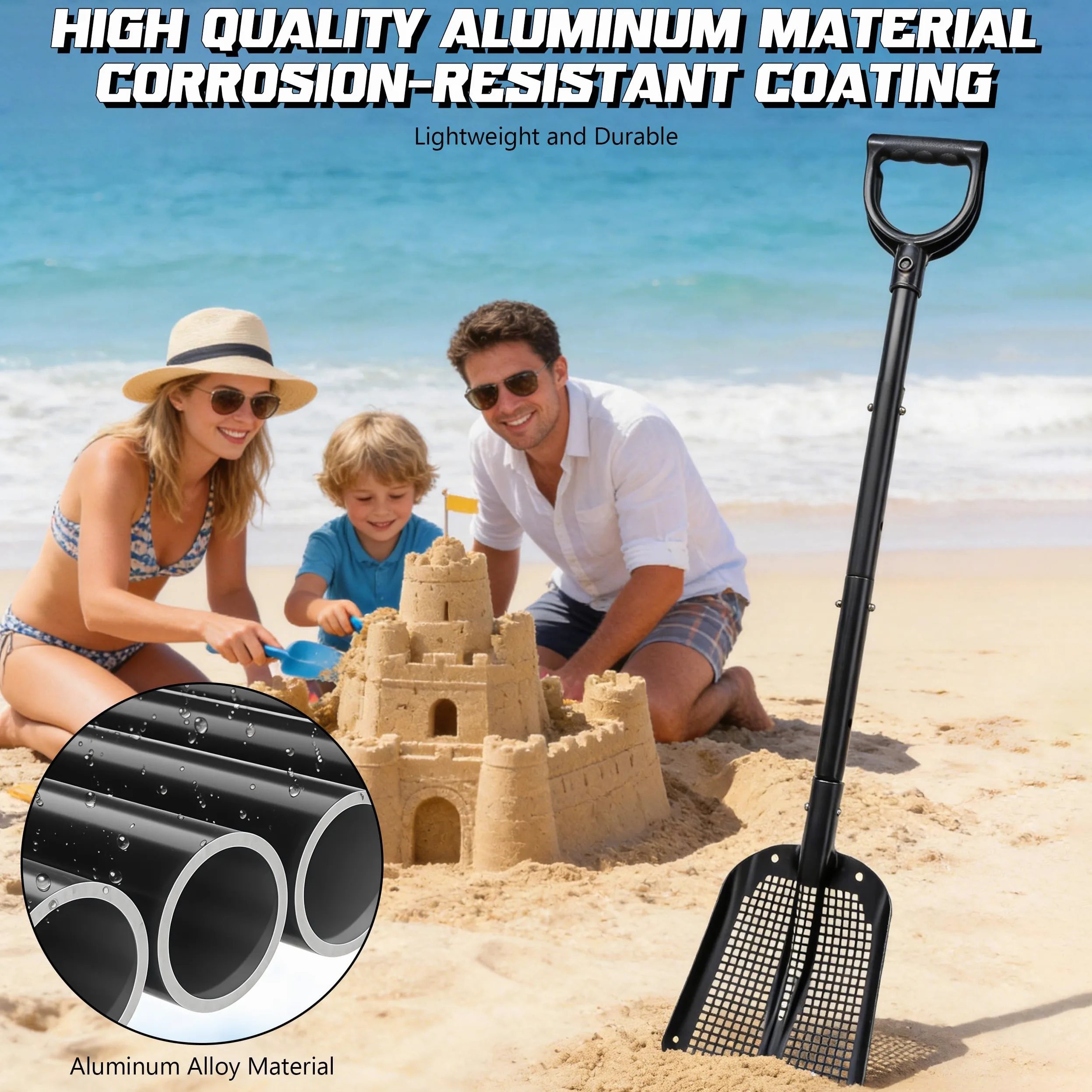 Tamis à Sable Portable avec Manche Réglable de 59 à 118 cm Tamis de Jardin | Alliage d'aluminium Pelle à Sable Ramasse-plage pour Chasse au Trésor Nettoyage de Poulailler Tamisage de Gravier