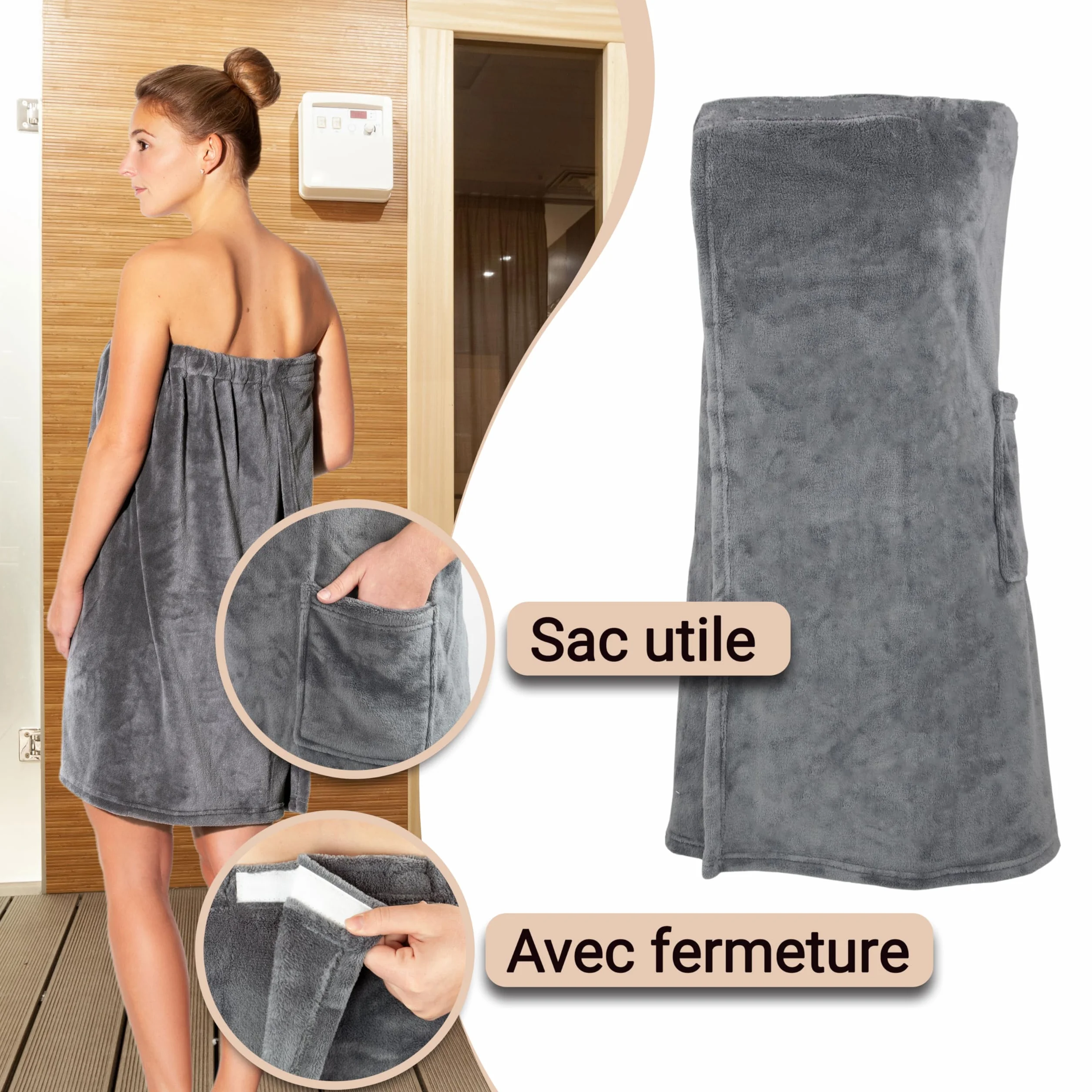 ZOLLNER Kilt de sauna pour femmes gris polyester lavable 40°C