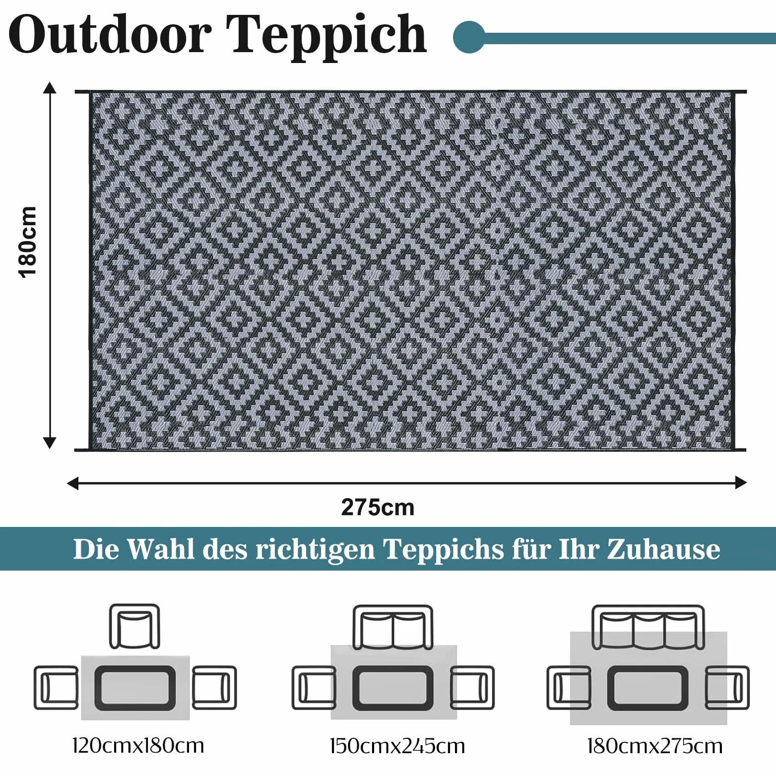 Alishomtll Tapis d'extérieur 180 x 275 cm résistant aux intempéries, en plastique polypropylène imperméable, pour terrasse, jardin, balcon, réversible, résistant aux UV, tapis extérieur, camping, pour