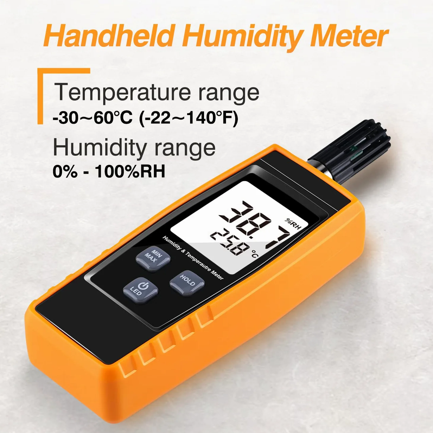 Hygromètre numérique portable - Thermomètre hygromètre 0 ~ 100 % RH/-30 ~ 60 °C - Écran LCD rétroéclairé - Jauge d'humidité pour l'extérieur, la maison, l'industrie, l'agriculture - Batterie incluse