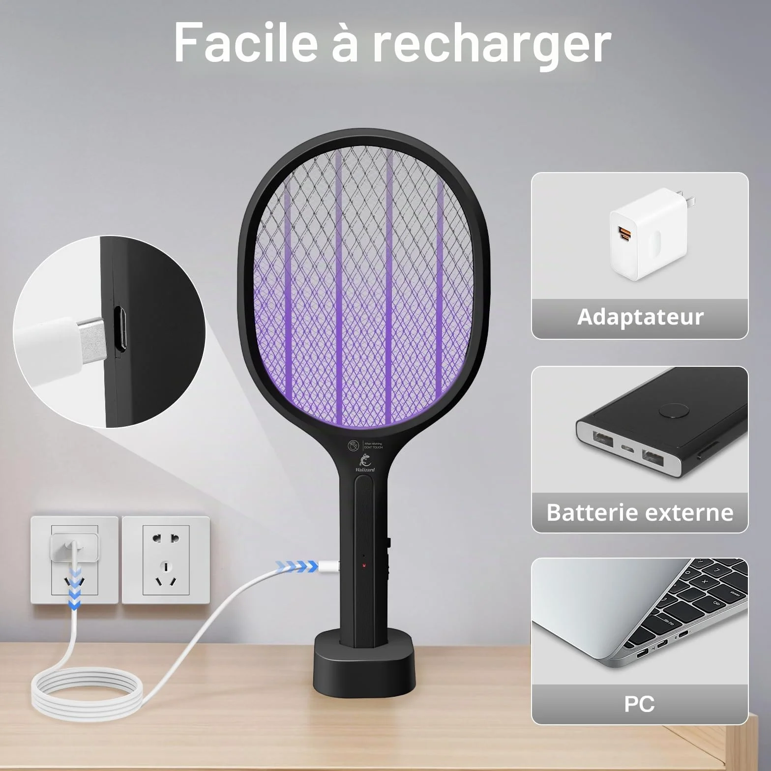Raquette Electrique Insectes 2-in-1 Anti Moustique Tapette à Mouche 3000V USB Rechargeable